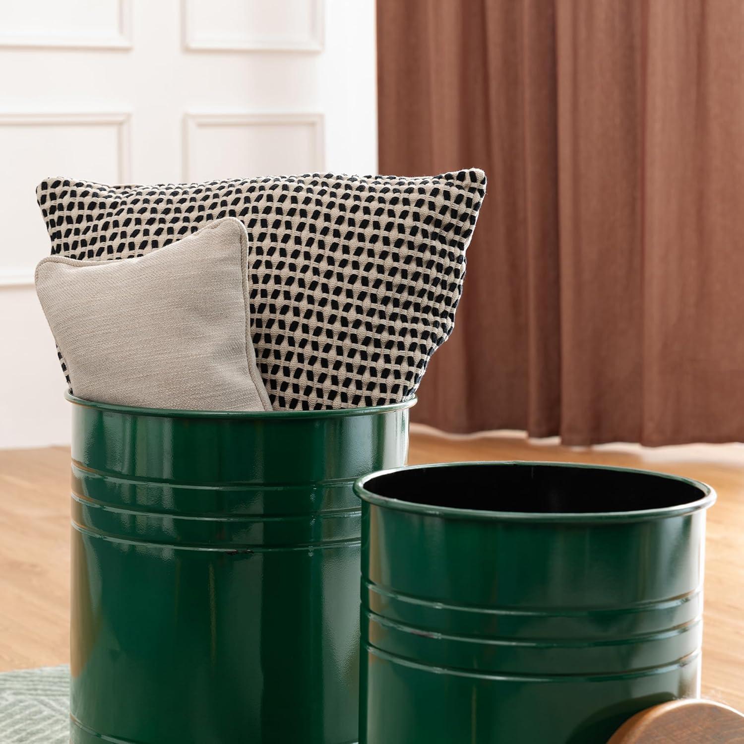 Glitzhome Rustic End Table Set of 2, Farmhouse Galvanized Metal Barrel Ottoman Storage Stool with Round Wood Lid for Living Room Furniture, Hunter Green