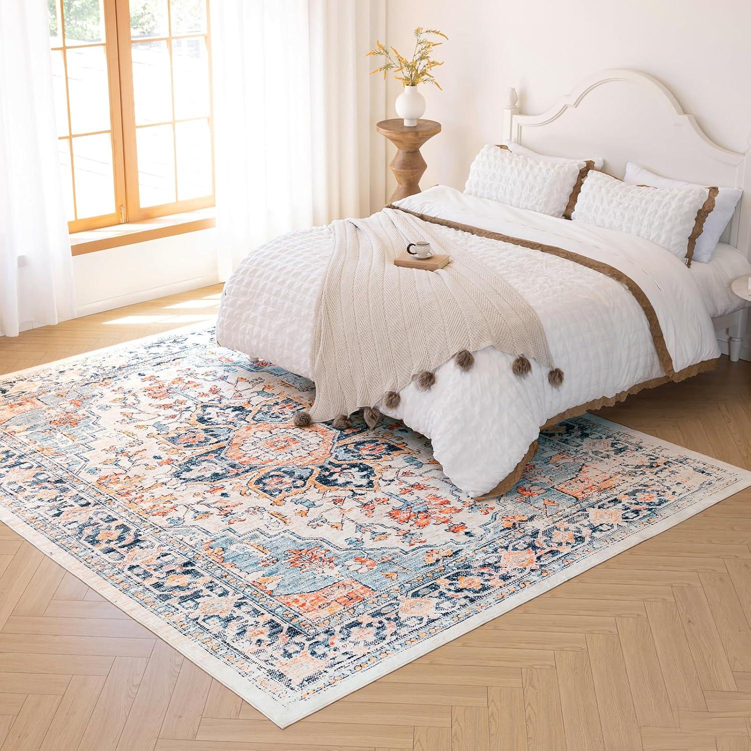 VK VK·LIVING 9x12 Area Rug Washable Rugs for Living Room Rug Vintage Design Boho Rug with Non Slip Living Room Rug Bedroom Carpet Stain Resistant, Home Decor, Blue&Orange