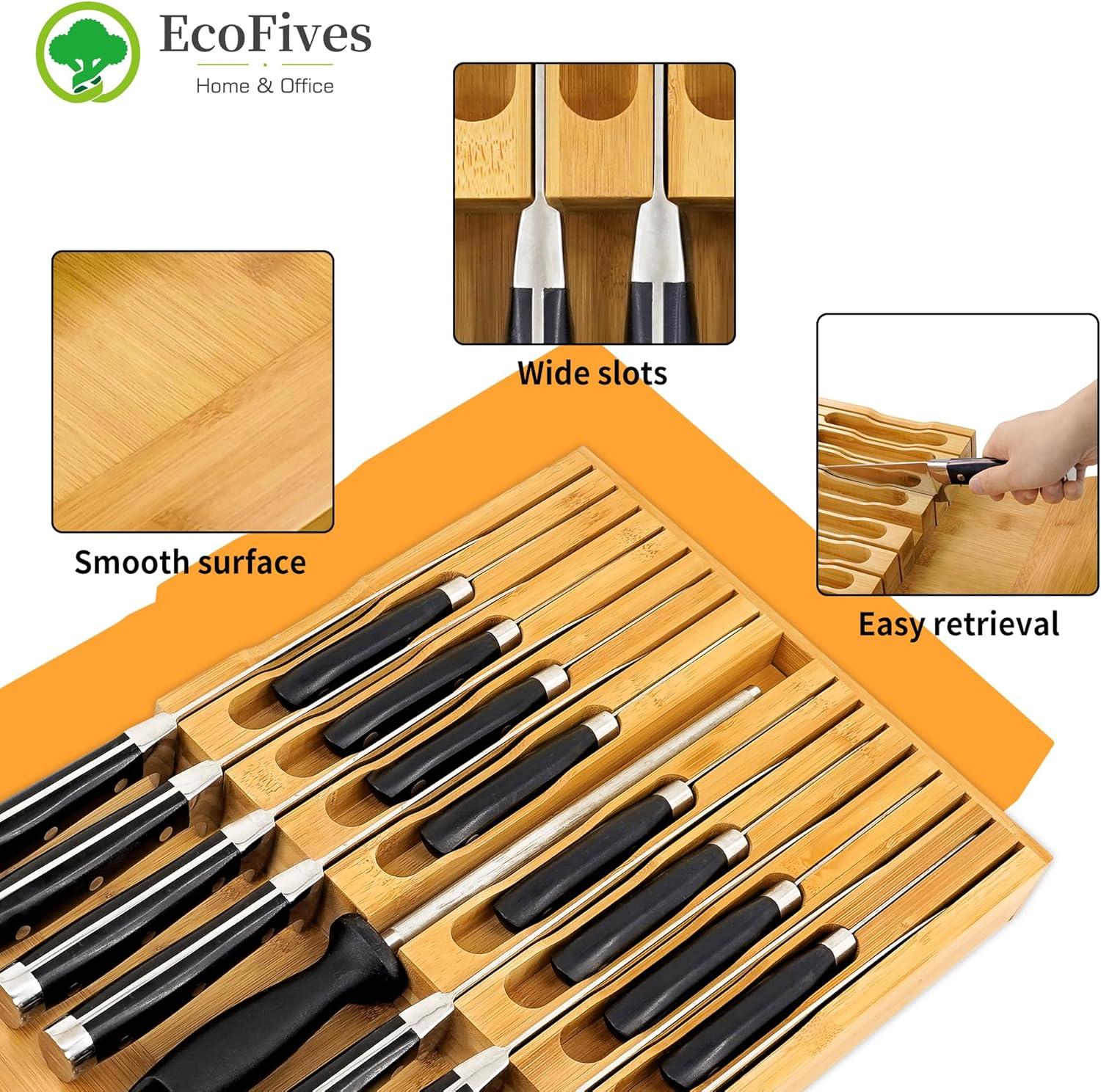 In-Drawer Knife Block,Bamboo Knife Drawer Organizer Insert, Kitchen Knife Drawer Storage for 16 Knives a Slot for your Knife Sharpener (Without Knives)