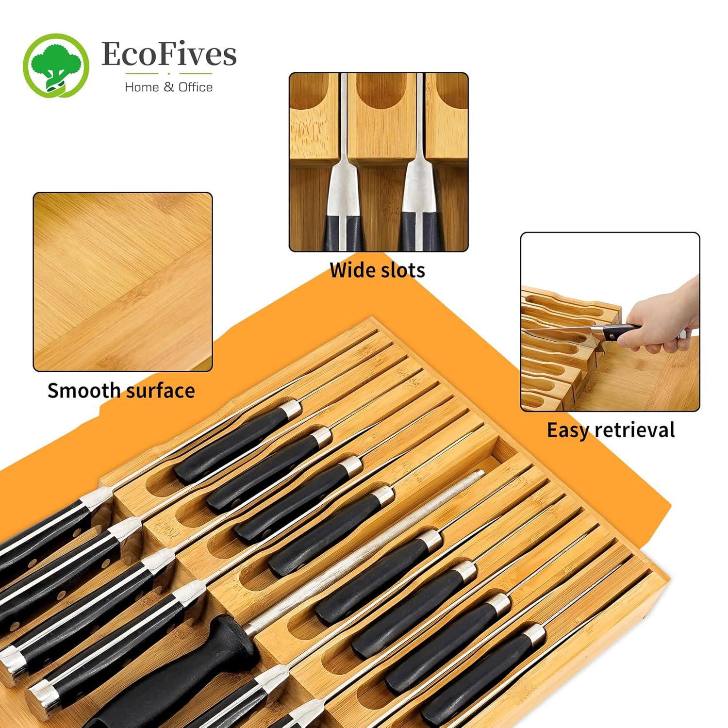 In-Drawer Knife Block,Bamboo Knife Drawer Organizer Insert, Kitchen Knife Drawer Storage for 16 Knives a Slot for your Knife Sharpener (Without Knives)