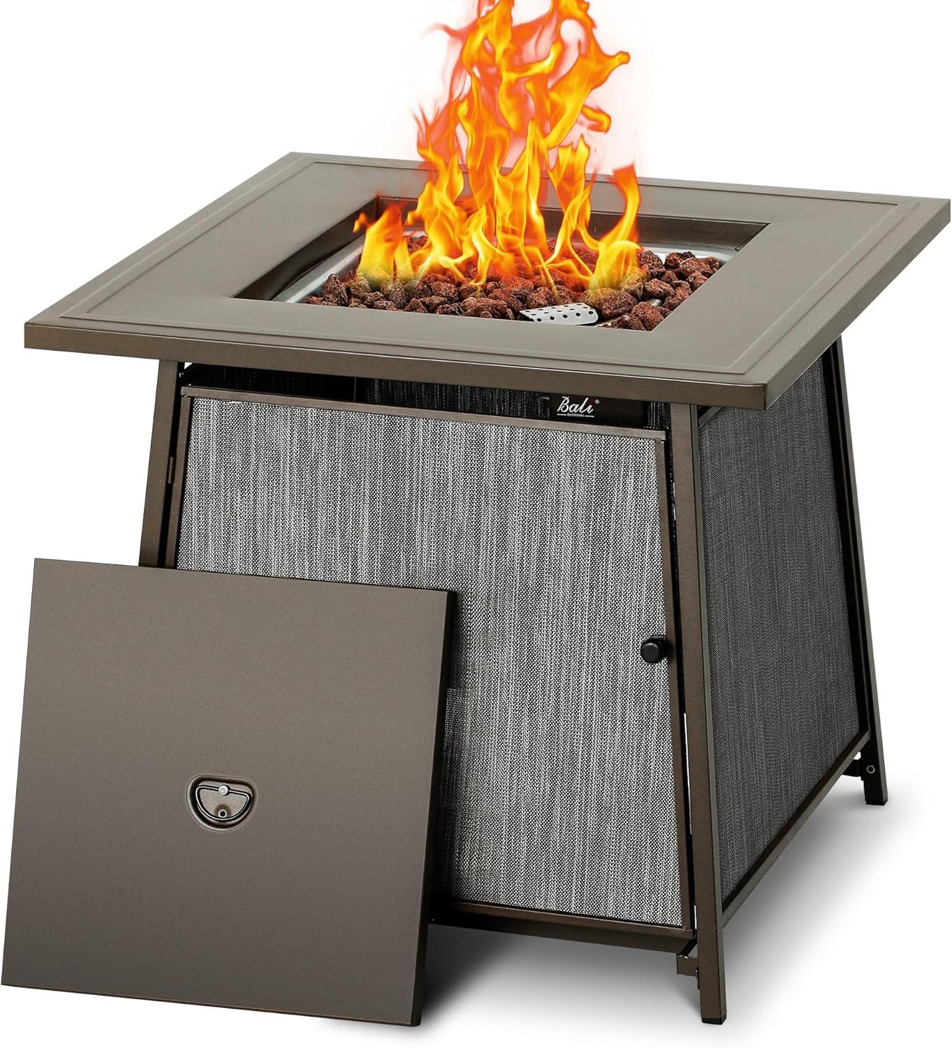 BALI OUTDOORS 28" Gas Fire Pit Table with Metal Lid and Lava Rocks, 50,000 BTU / Gray