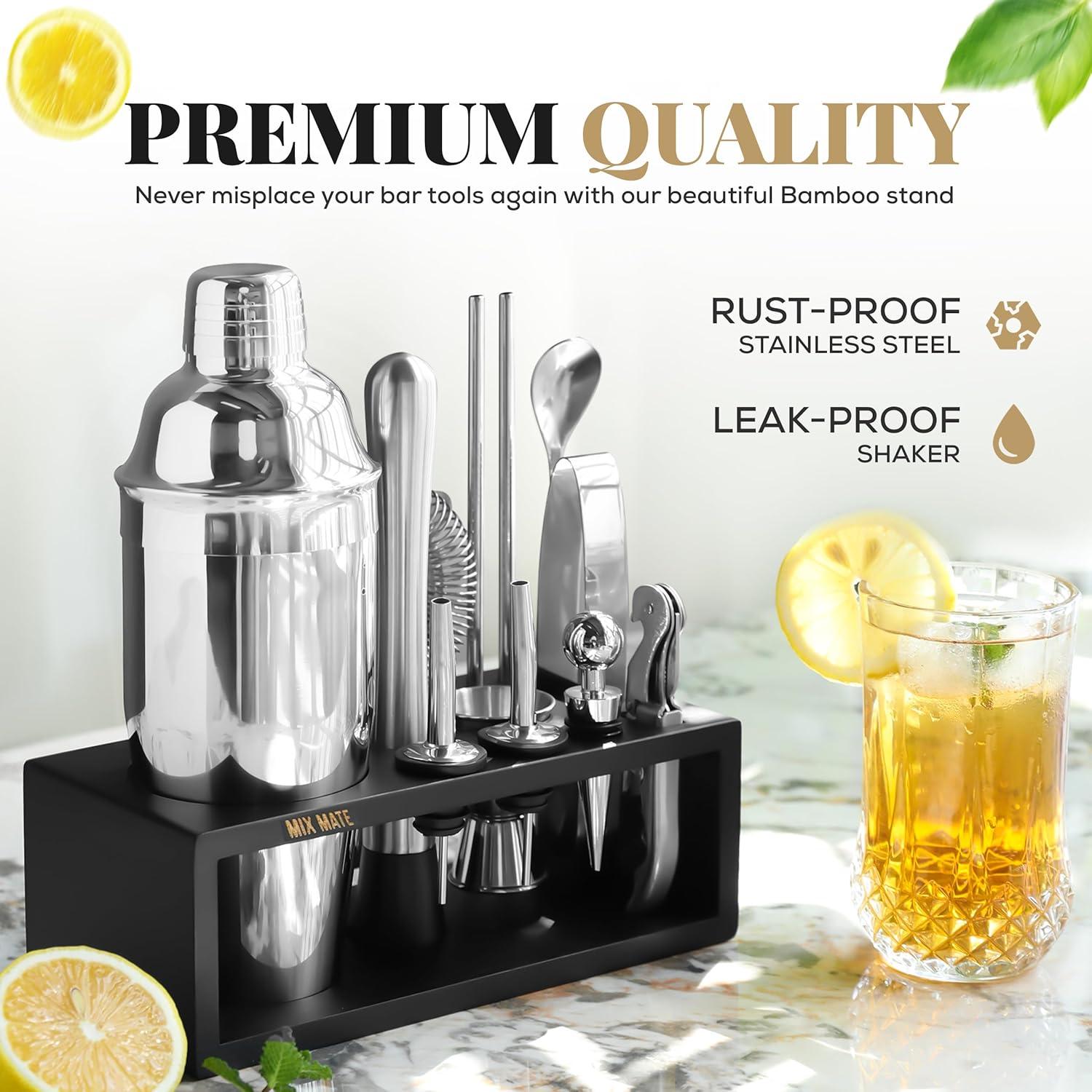 Black Stainless Steel 15-Piece Cocktail Shaker Set with Wood Stand