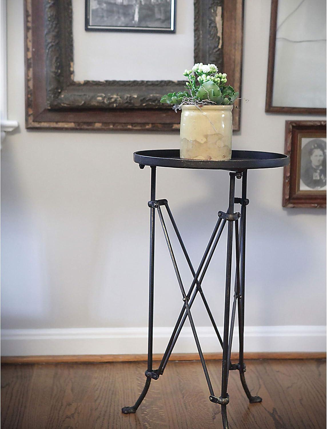 Storied Home Metal Tray Table Bronze: Round Pine Top, 25.5" High, Assembly Required