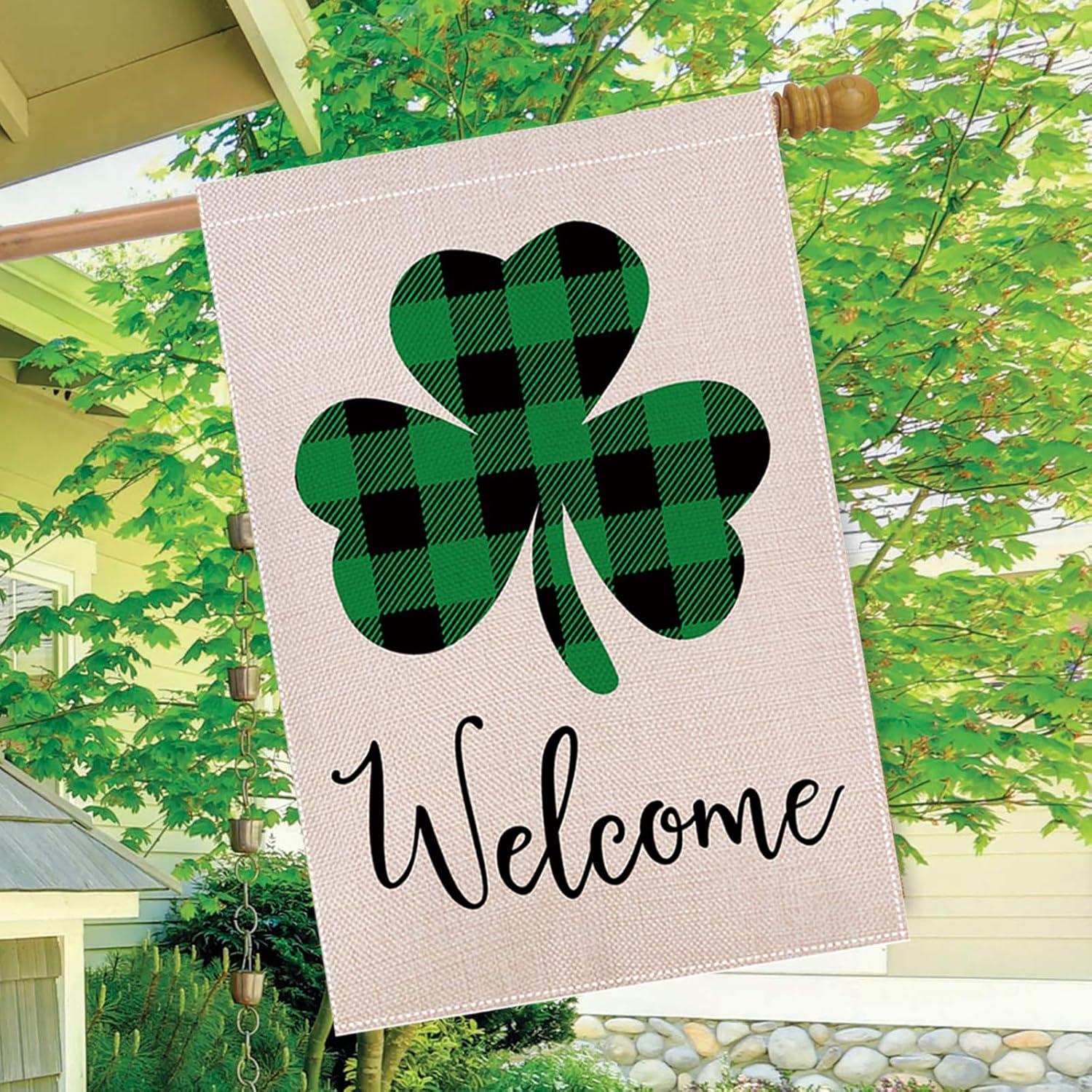 Shamrocks St. Patrick's Day Burlap House Flag Welcome 28" x 40" Briarwood Lane