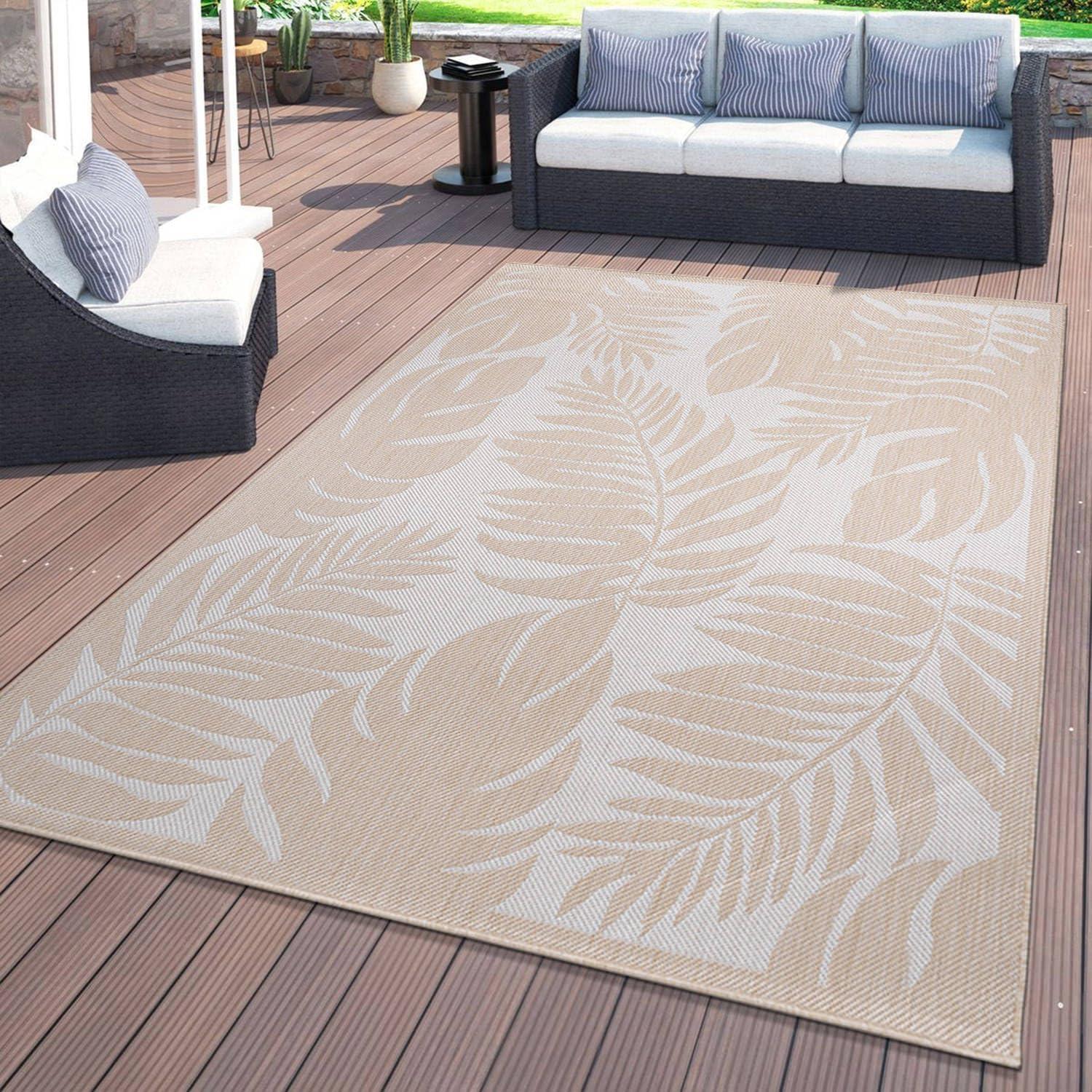 Tropical Floral Leaves 8' x 10' Flat Weave Washable Area Rug - Natural