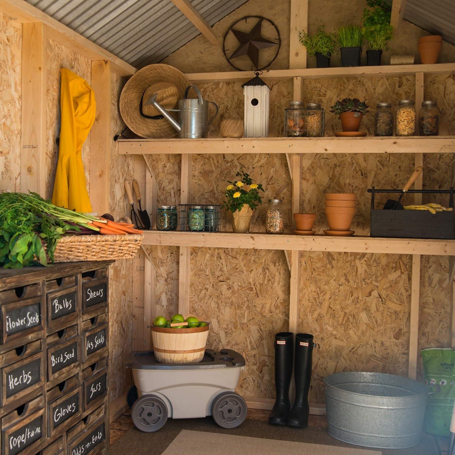 Gray 6' x 8' Wooden Garden Shed with Metal Roof and Shelving