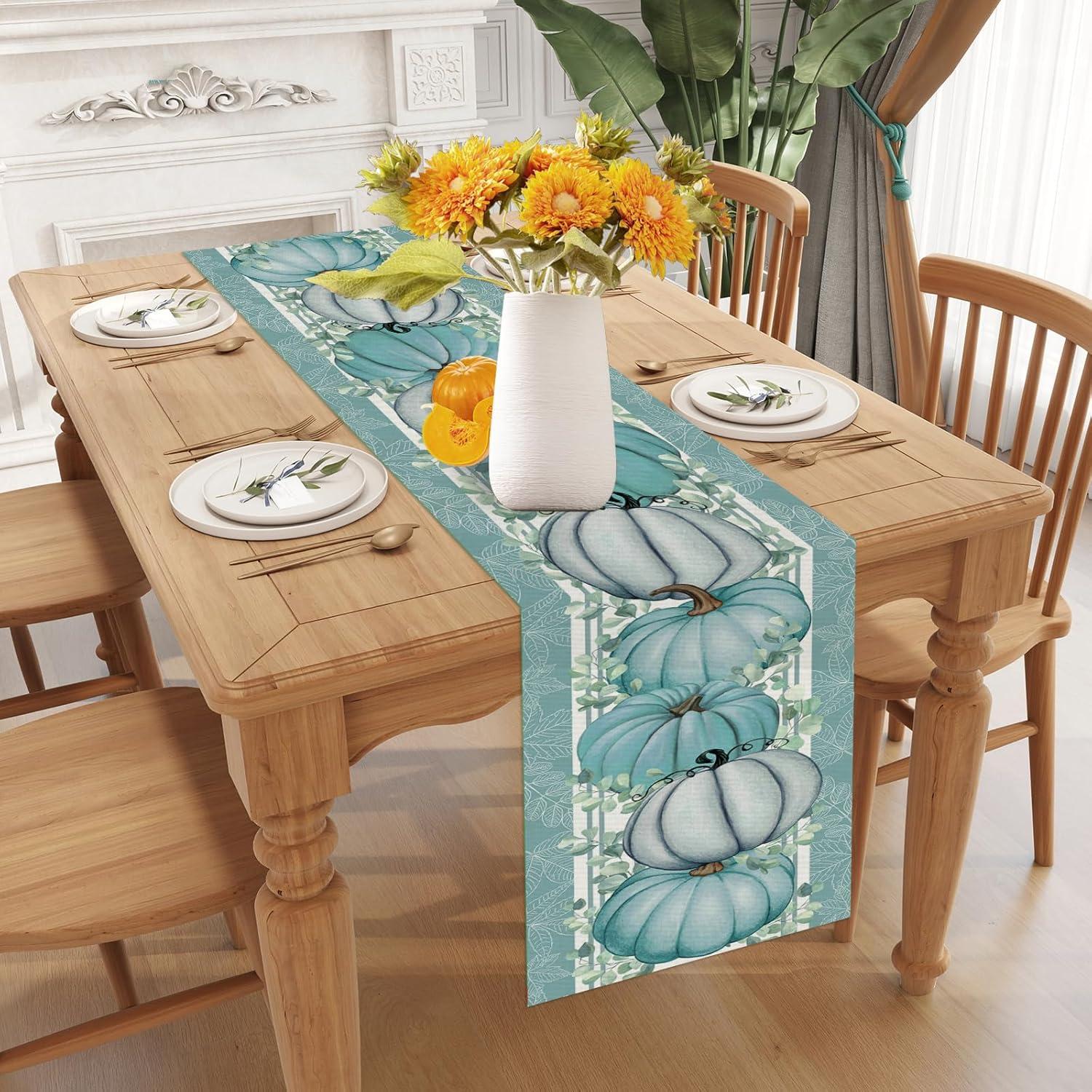 ATJIA Fall Eucalyptus Leaves Pumpkins Table Runner, Autumn Thanksgiving Kitchen Dining Table Decoration for Indoor