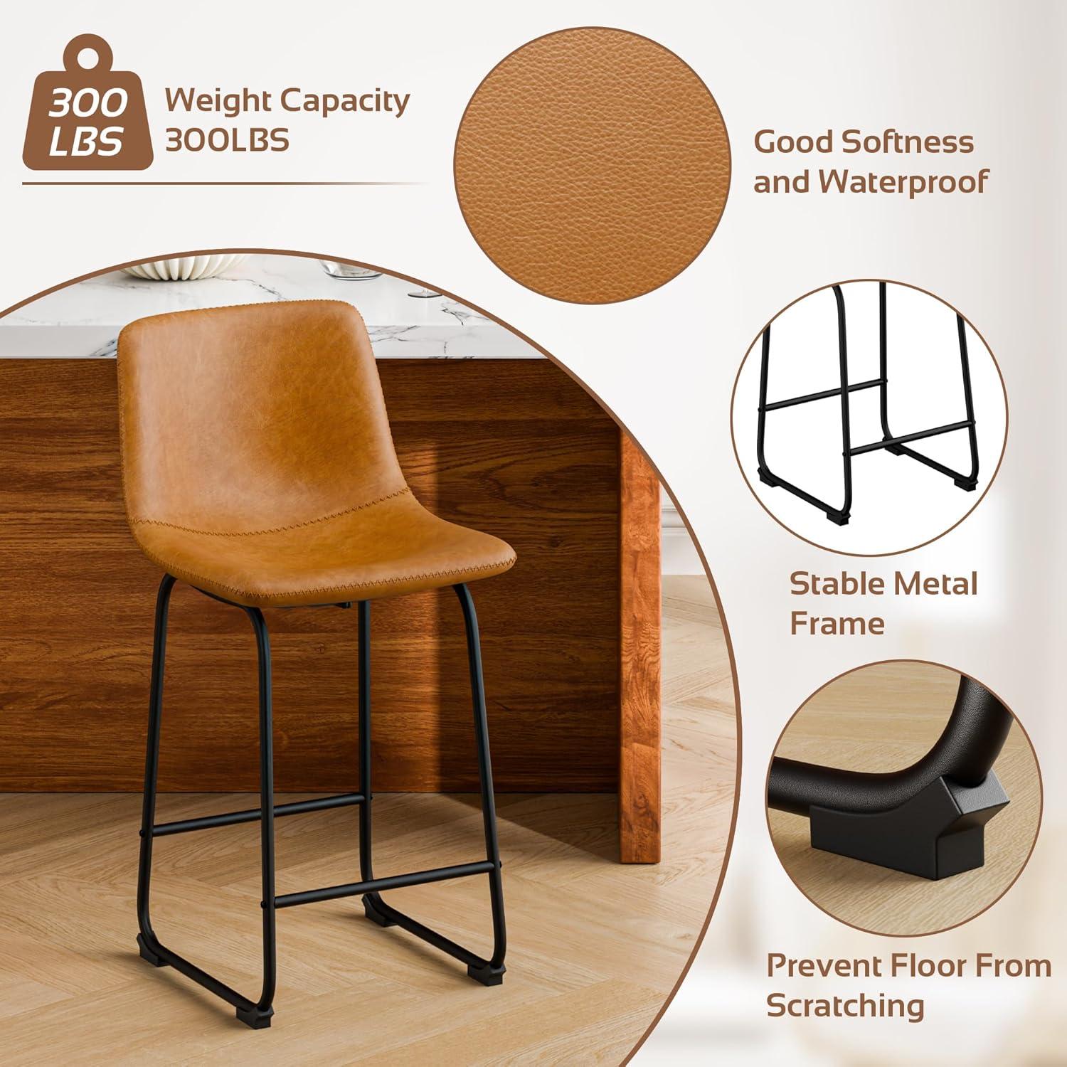 WM 26 inch Counter Height Bar Stools Set of 4, Modern Faux Leather High Barstools with Back and Metal Leg, Bar Chairs for Indoor & Outdoor, Brown