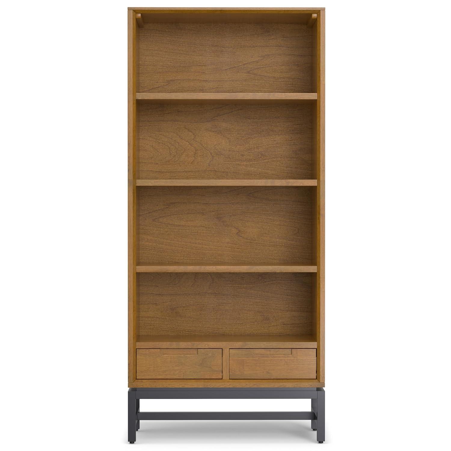 Banting 30"W Solid Wood 4 Shelf Industrial Bookcase with 2 Drawers, Adjustable Shelves, and Metal Base