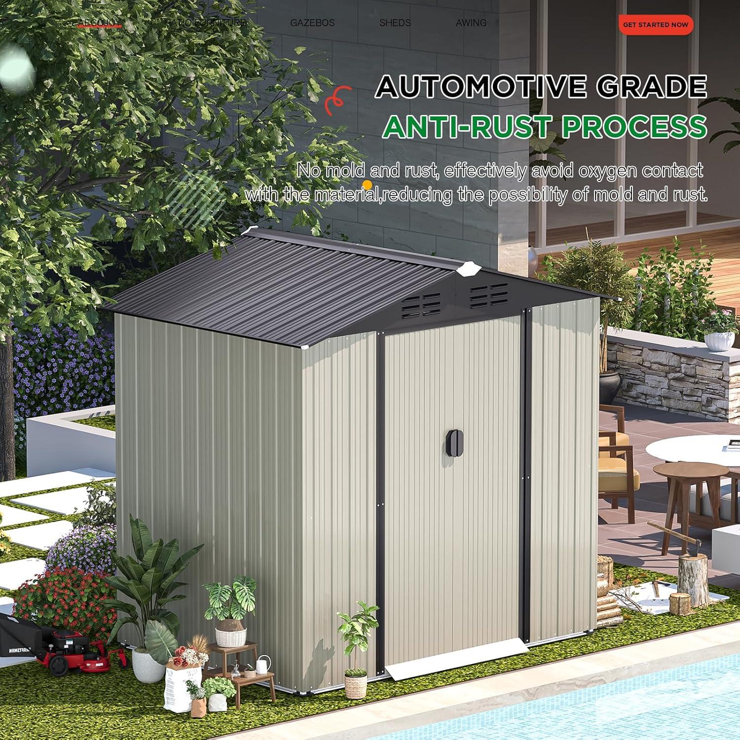 Gray and Brown Metal Outdoor Storage Shed with Lockable Door