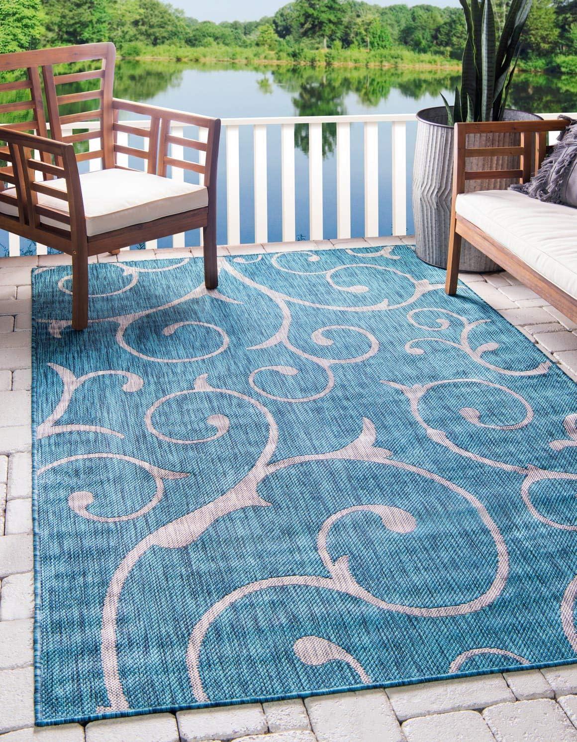 Unique Loom 6' 1 x 9' 0 Rectangle Indoor/Outdoor Botanical Teal Area Rug