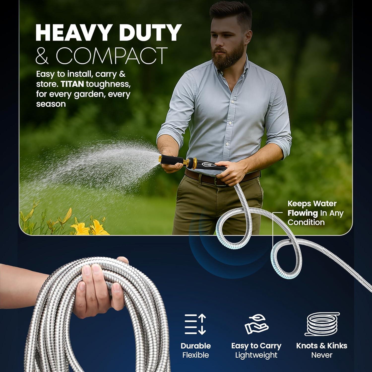 TITAN Garden Hose 100FT - 304 Stainless Steel Metal Water Hose, Flexible, Kink-Free, Lightweight, Durable, Crush Resistant Fittings, Easy to Coil, 500 PSI