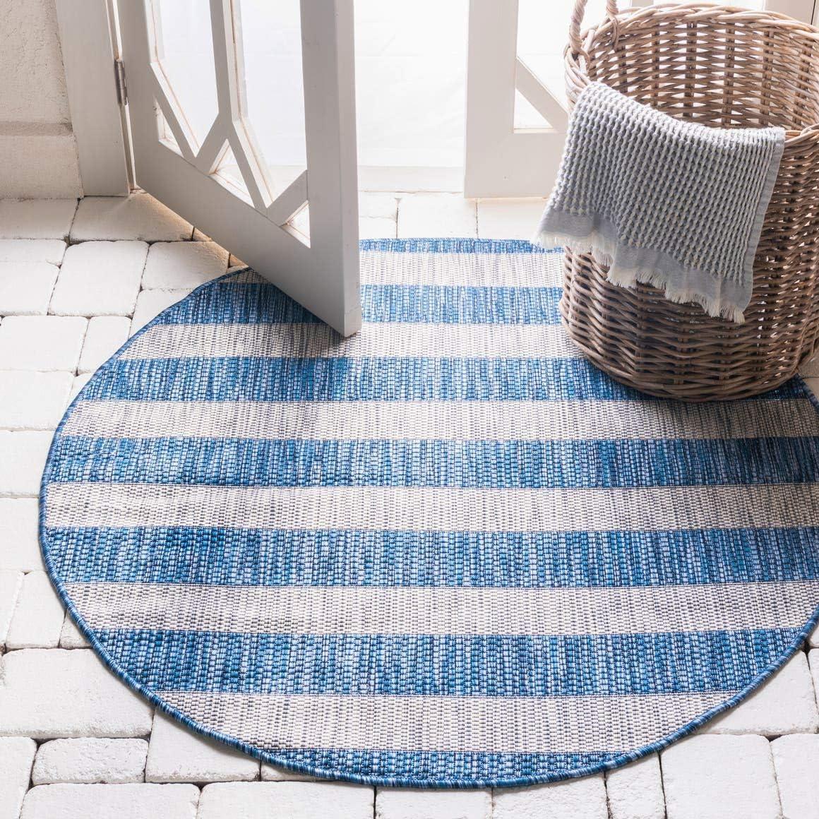 Unique Loom 4' 1 x 4' 1 Round Indoor/Outdoor Striped Blue Area Rug