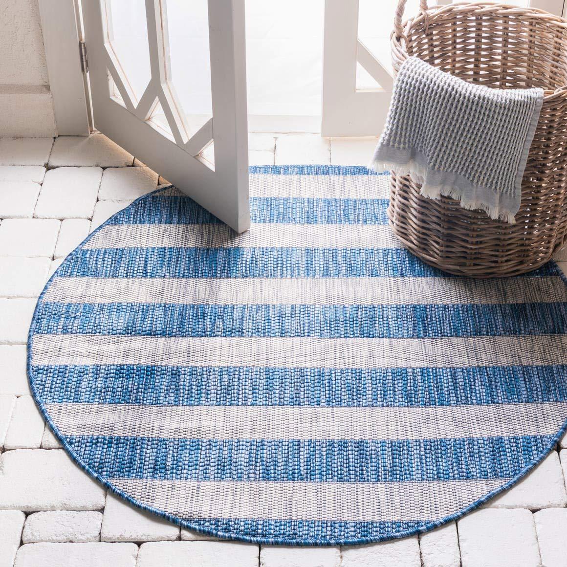 Unique Loom 4' 1 x 4' 1 Round Indoor/Outdoor Striped Blue Area Rug