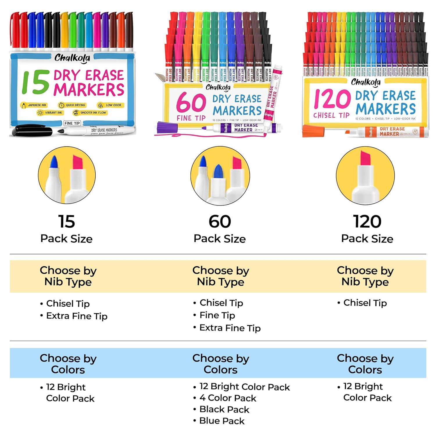 Chalkola Bulk Dry Erase Markers for Classroom (120 Pack, 12 Vibrant Colors) | Erasable, Low Odor, Chisel Tip WhiteBoard Markers, Dry Erase Pens for Kids, Teachers - Office, Home, School Supplies