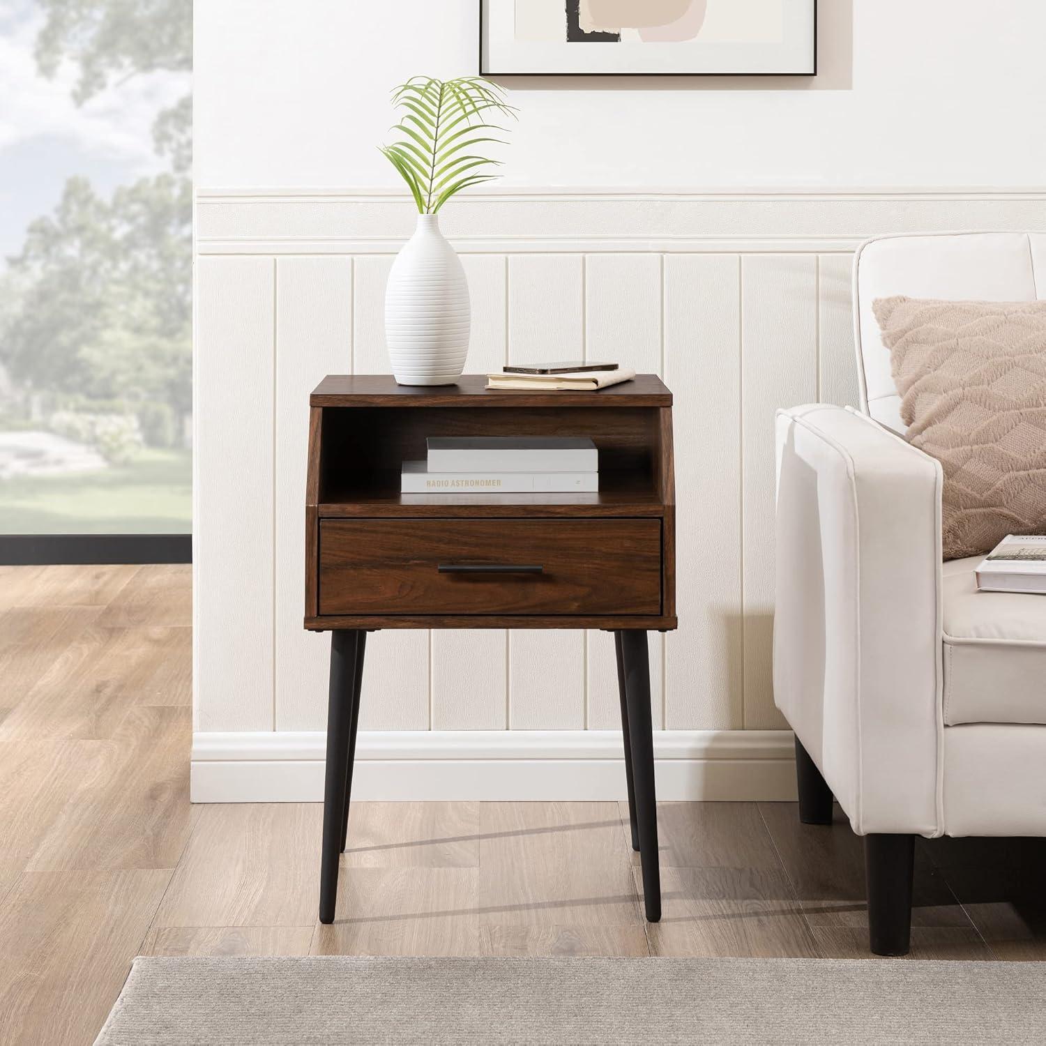 18" 1-Drawer Contemporary Wood Side Table with Storage - Dark Walnut / Black