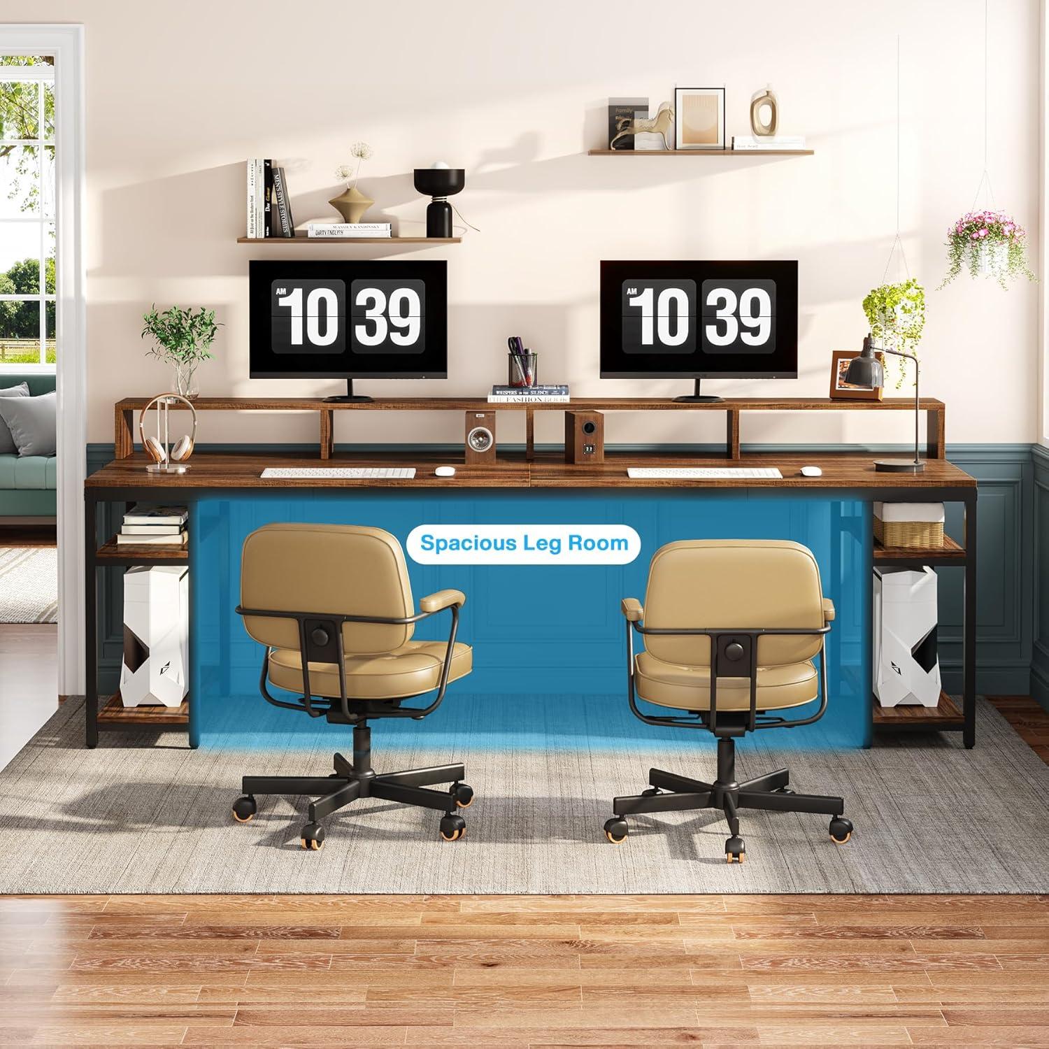 Tribesigns Two Person Desk with Monitor Stand, 78.74" Long Double Computer Office Desk with Storage Shelves, Large Gaming Study Writing Table Workstation for Home Office (Rustic Brown)