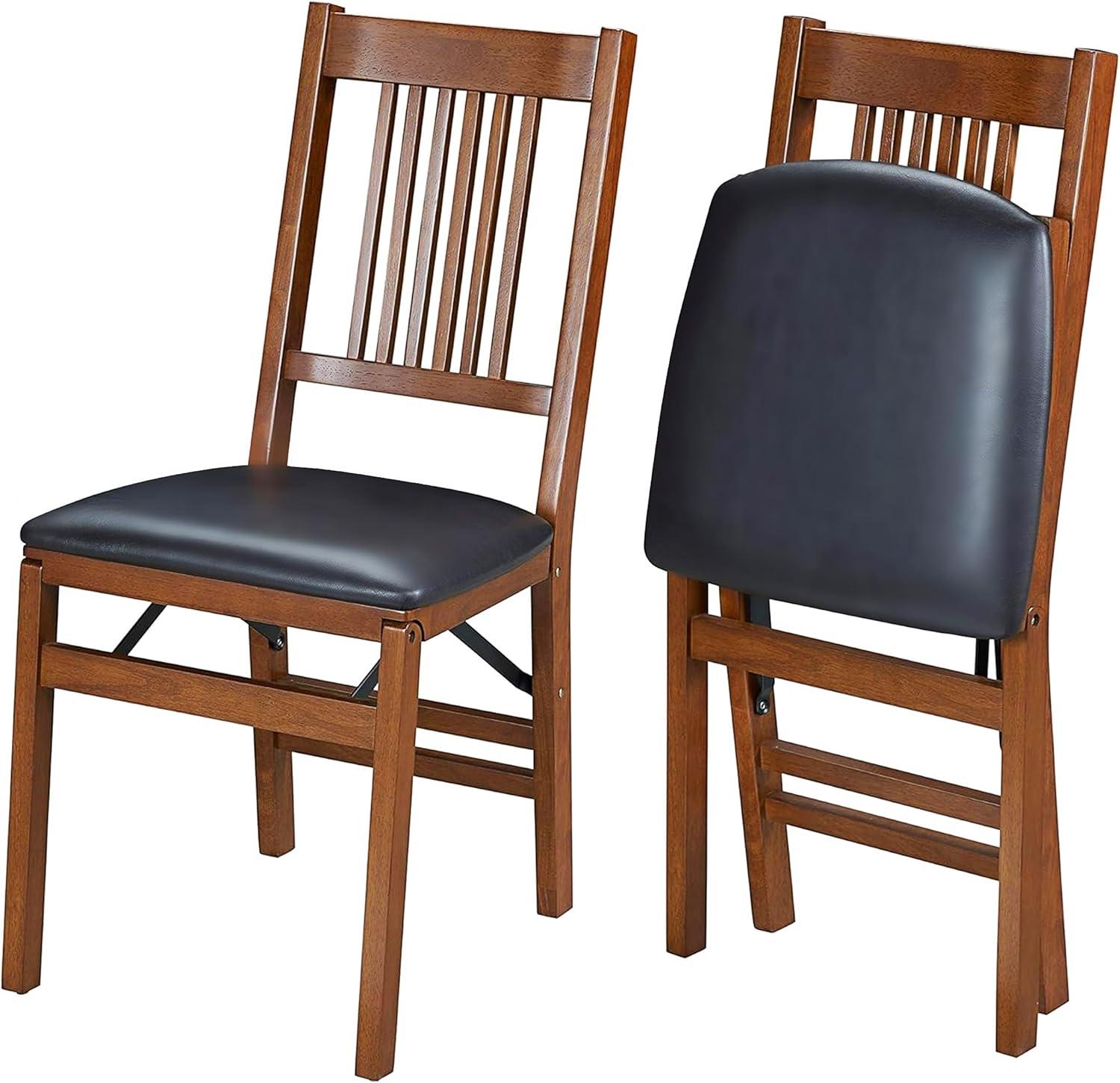 Stakmore Set of 2 True Mission Folding Chair Fruitwood Brown : Vinyl Upholstered, No Assembly, Wood Frame