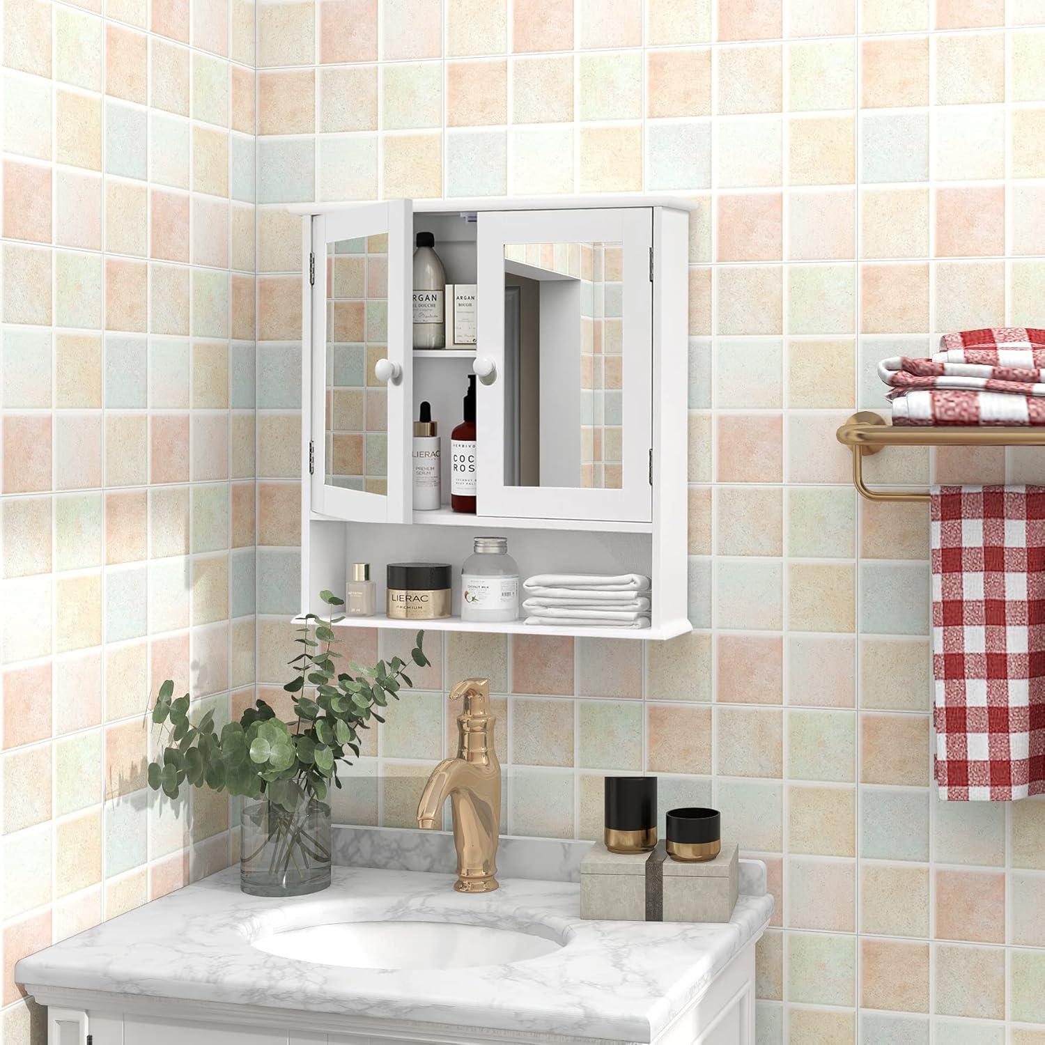 Medicine Cabinet, Medicine Cabinets For Bathroom With Mirror 2 Doors 3 Open Shelf, Bathroom Cabinet Wall Mounted Wooden Storage Over Toilet Laundry Room Kitchen