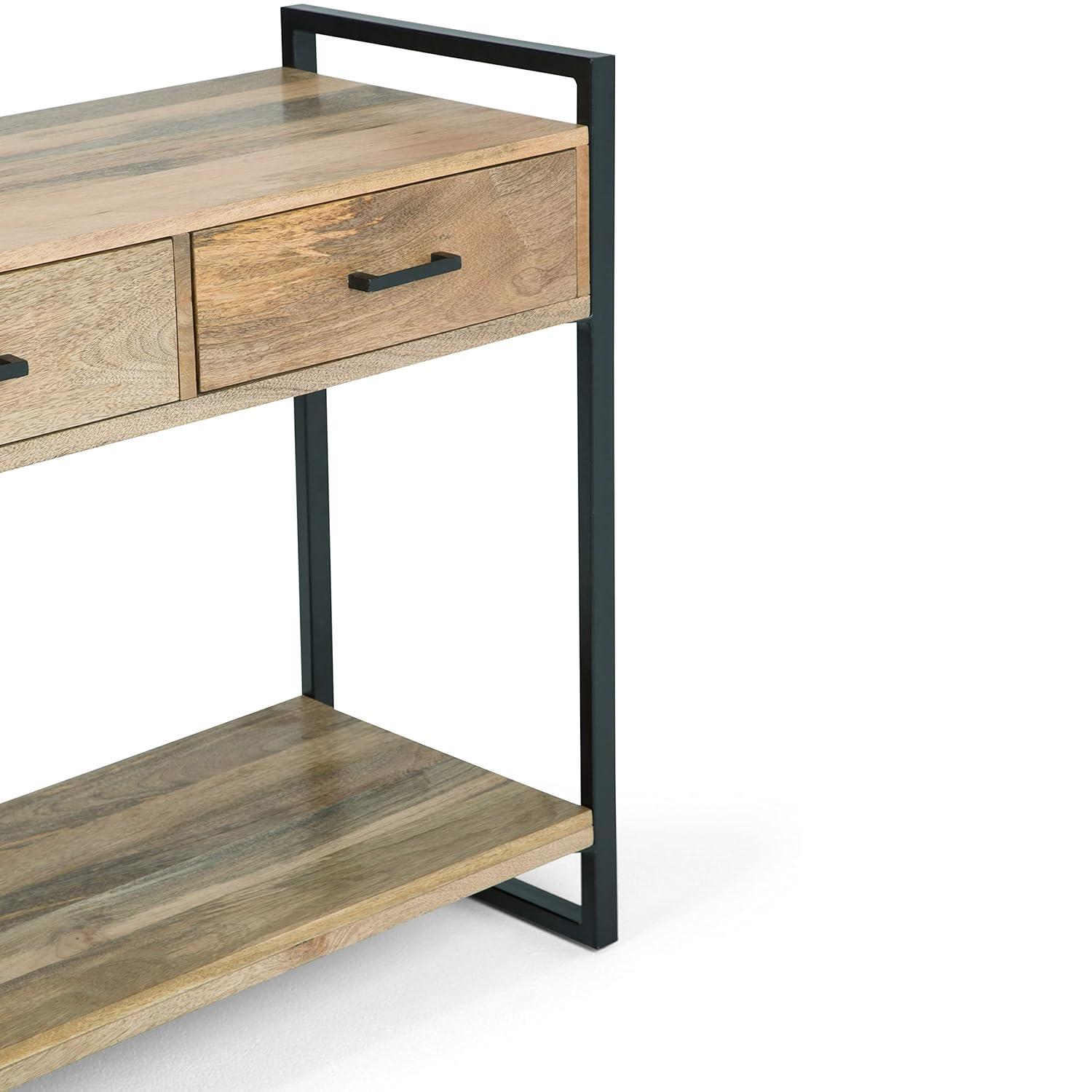 Riverside 54"W Solid Mango Wood and Metal Modern Industrial Storage Console Table with 3 Drawers and Open Shelf