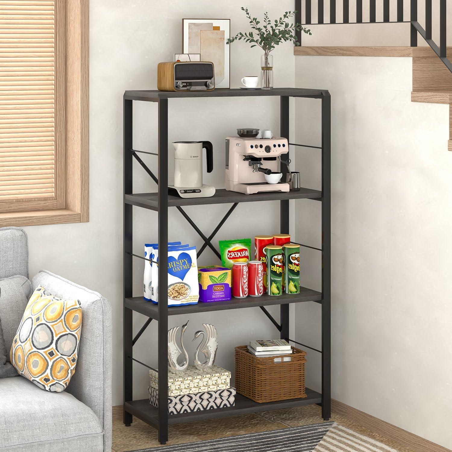 FOLUBAN Industrial Bookshelf and Bookcase, 4 Tier Open Display Storage Book Shelf and Book Case, Rustic Wood and Metal Shelving Unit for Bedroom Living Room Office, Dark Gray