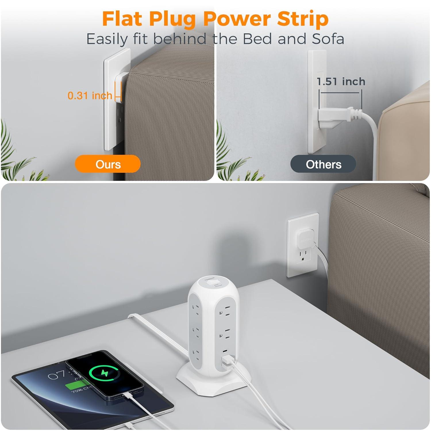 TESSAN Power Strip Tower w/ Surge Protector, 11 AC Outlets, & 3 USB Ports