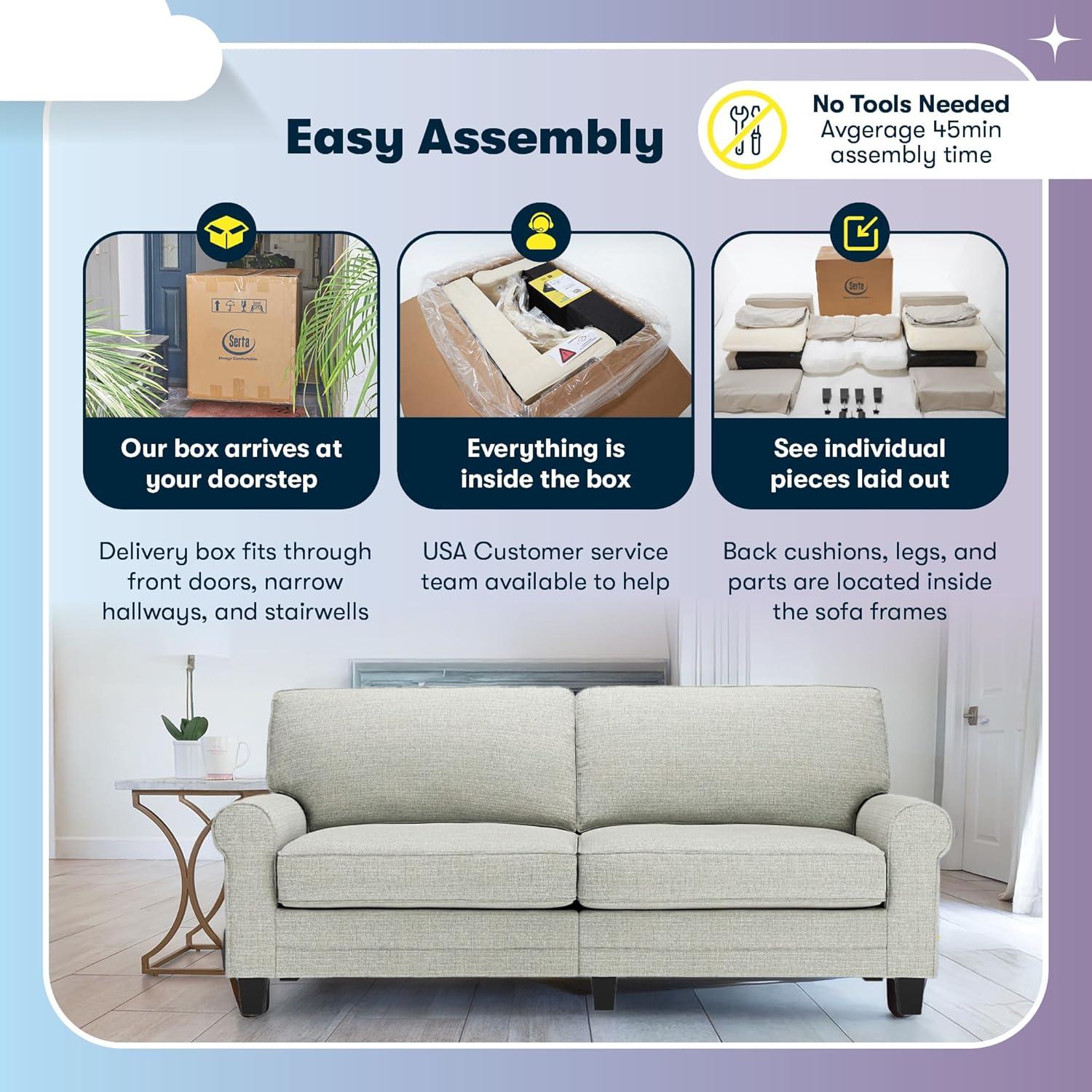 Serta Copenhagen 61" Rolled Arm Sofa, Easy Care Fabric, Soft Pillow Back, Pocket Coil Seat Cushions