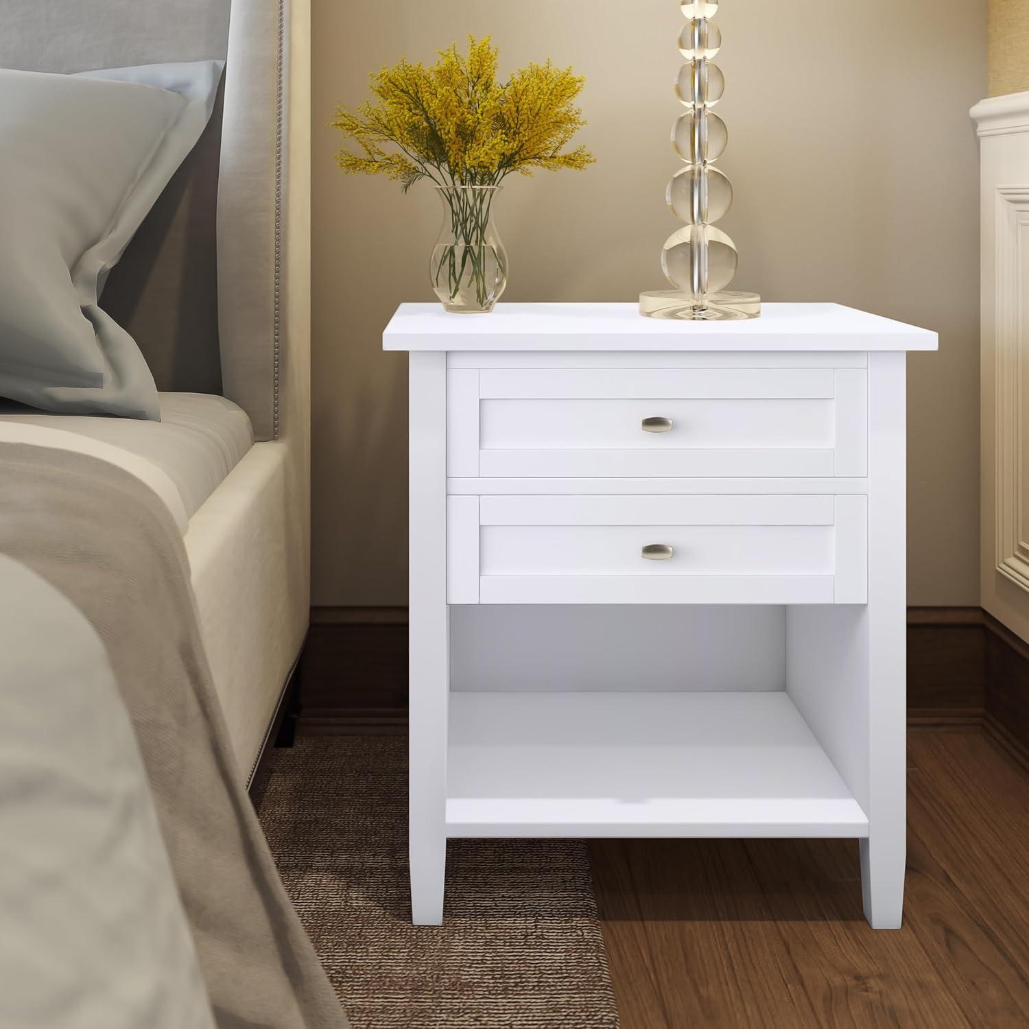 Simpli Home Warm Shaker Wood 24" Transitional Bedside Nightstand Table in White