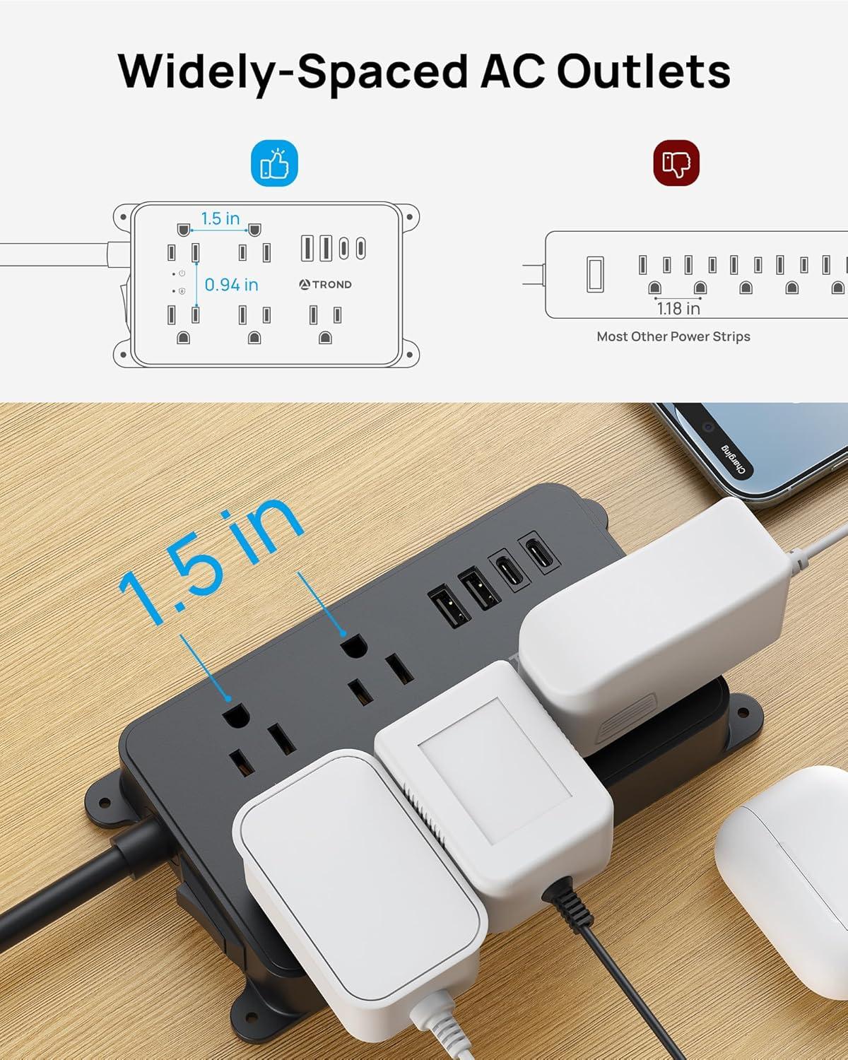 TROND Power Strip Surge Protector, ETL Listed, 15A, 5 Wide Spaced Outlets with 3 USB Ports, Wall Mountable, Flat Plug 5ft Extension Cord, 1300J, 14AWG Heavy Duty, for Office Kitchen, Black