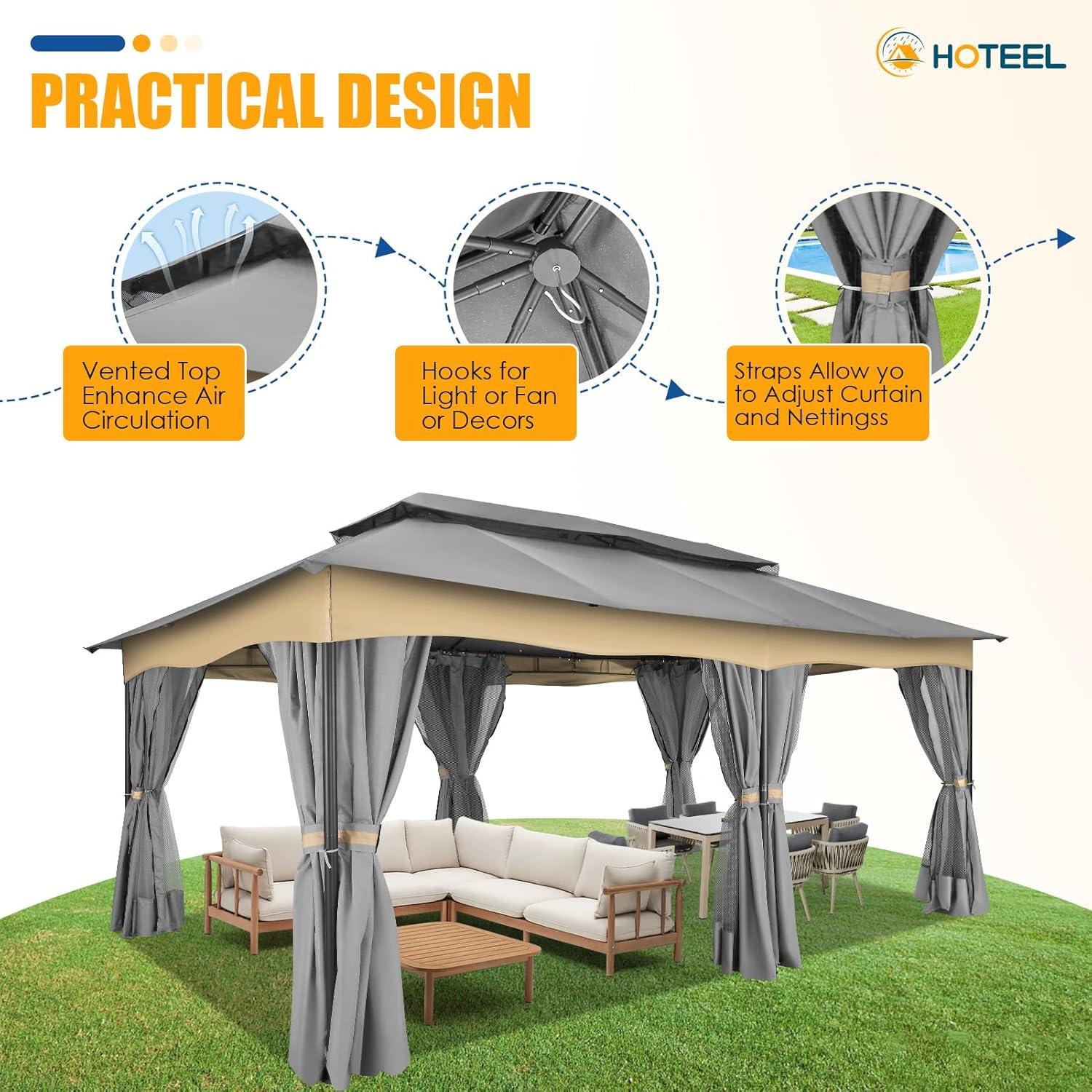 COBIZI 12X20 Heavy Duty Gazebo Outdoor Gazebo with Mosquito Netting and Curtains, Canopy Tent Deck Gazebo with Double-Arc Roof Ventiation and Metal Steel Frame Suitable for Lawn, Backyard, Patio,Gray