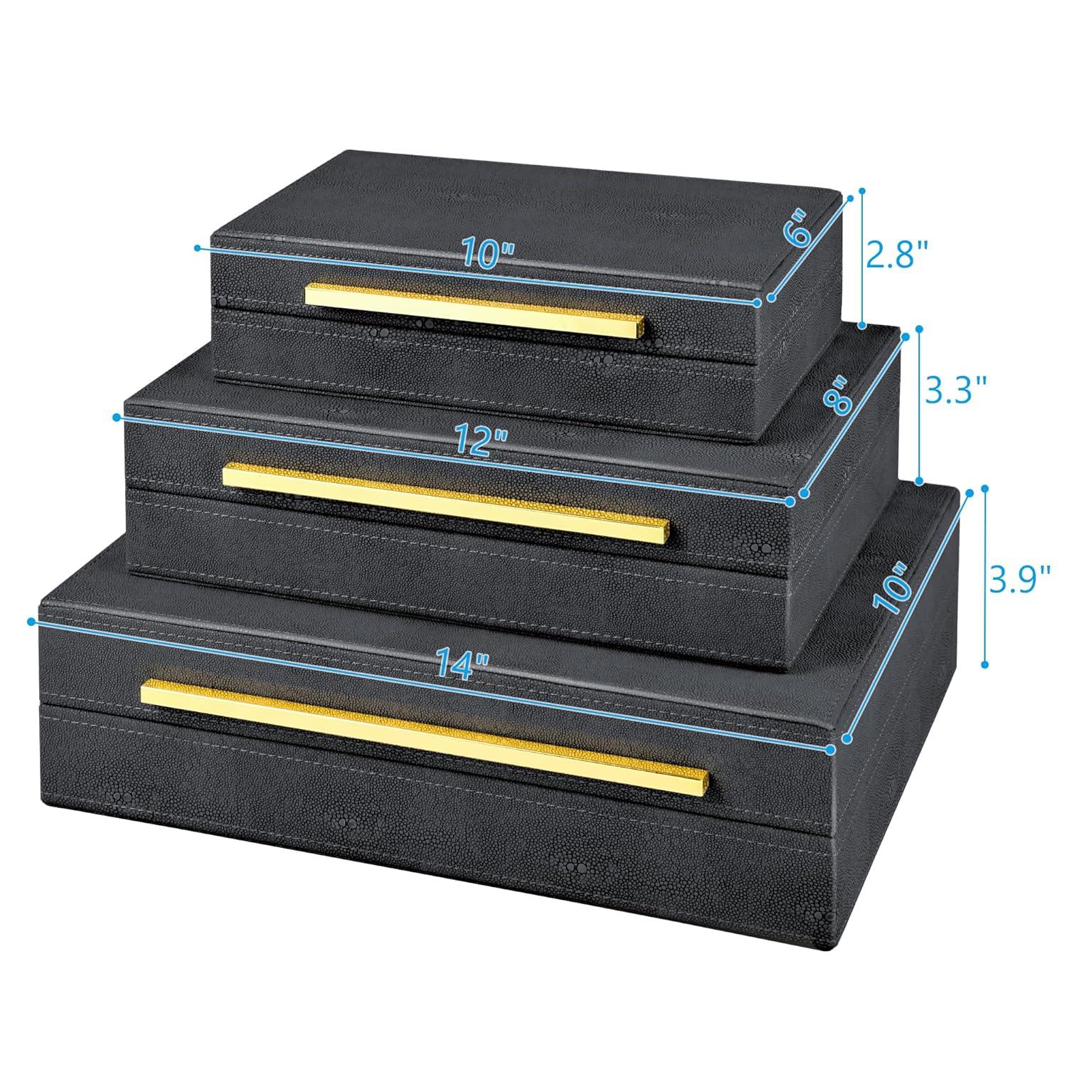 Faux  Leather Decorative Jewelry Storage Nesting Organizer Boxes with Lids Gold Handle Set of 3, Black