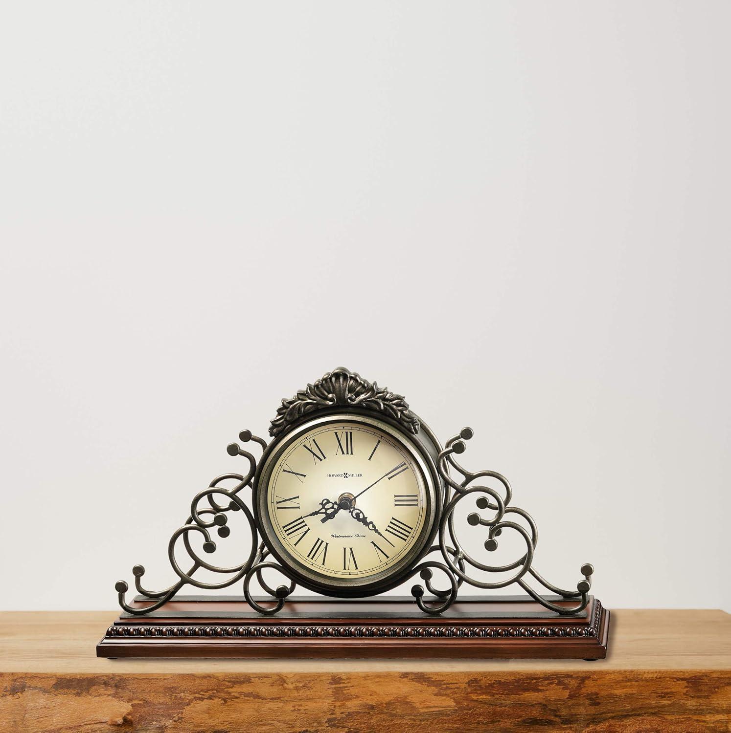 Howard Miller® Adelaide Traditional Roman Numeral Metal Quartz Movement / Crystal Tabletop Clock in Antique Warm-Gray/Windsor Cherry