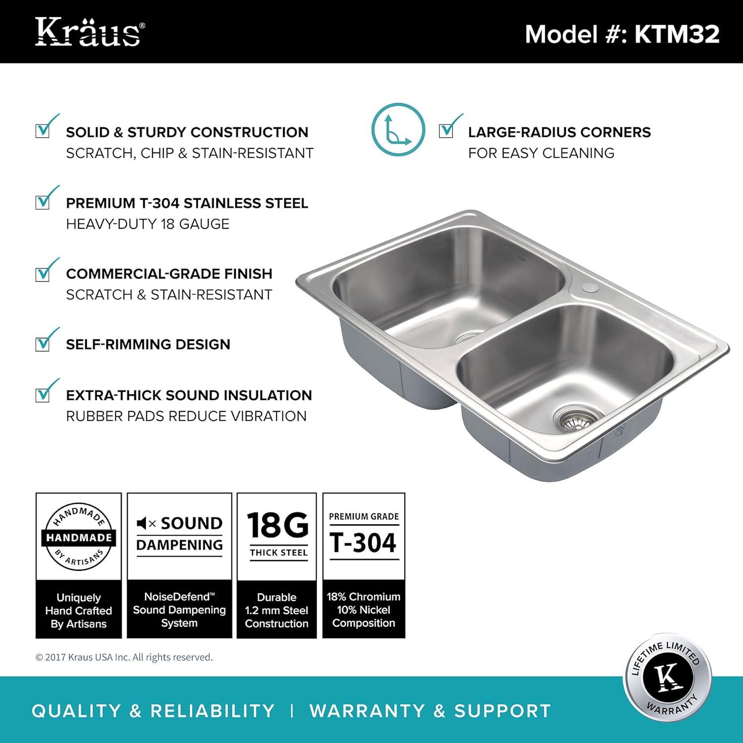 KRAUS 33 inch L Topmount 60/40 Double Bowl 18 Gauge Stainless Steel Kitchen Sink with NoiseDefend Soundproofing