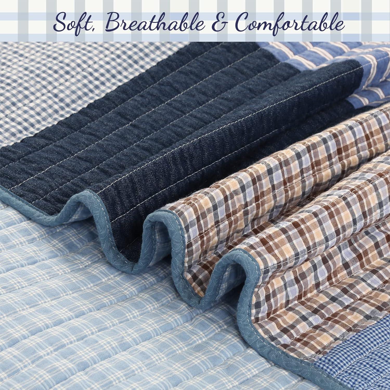 Cozy Line Home Fashions Blue Jean Plaid Stripe Tartan Patchwork Cotton Twin Reversible Quilt Bedding Set