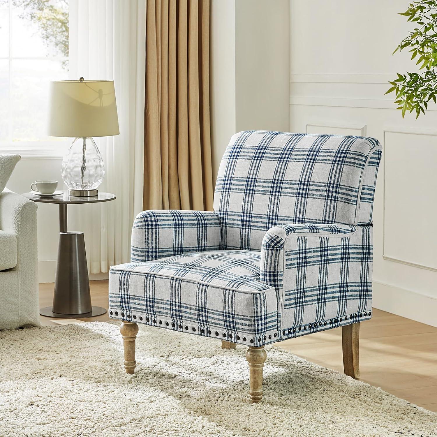 Navy Plaid Upholstered Armchair Set with Nailhead Trim