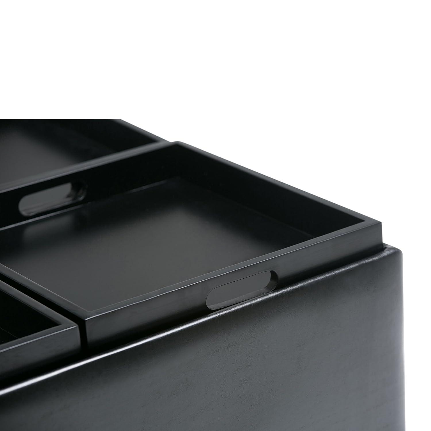 Simpli Home Avalon 35"W Upholstered Square Coffee Table Storage Ottoman with Flip-Over Trays
