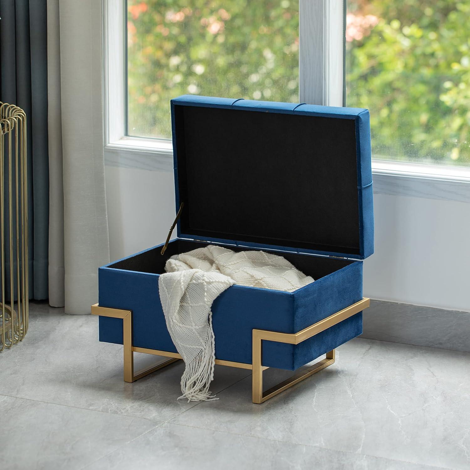 Blue Velvet Rectangular Ottoman with Golden Abstract Legs and Storage