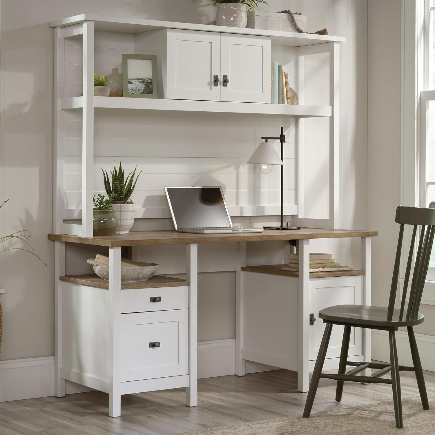 White Executive Wood Desk with Hutch and Drawers