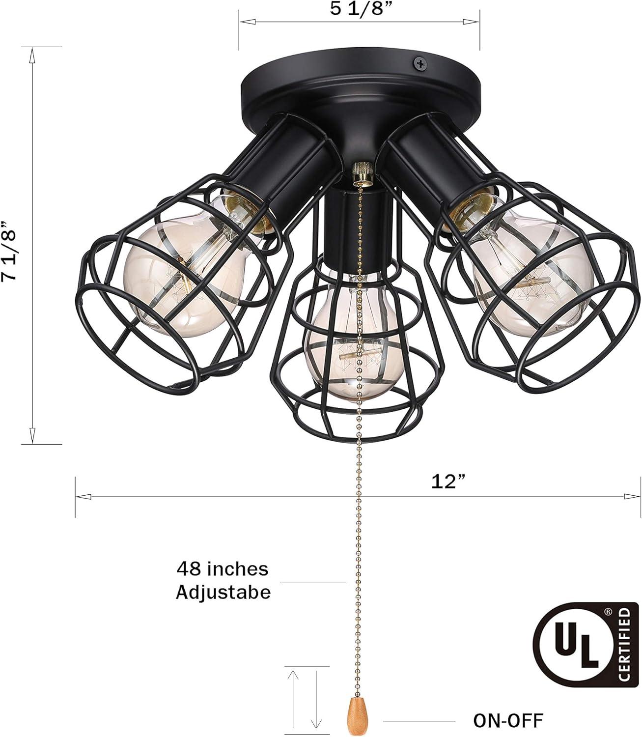 Industrial Flush Mount Ceiling Light, 15" Black 3-Light Fixture with Cage Shade & Pull Chain