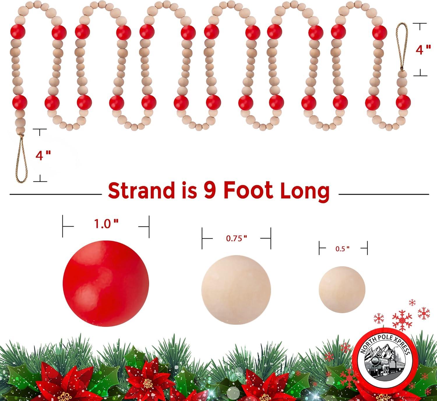 9-Foot Red and Natural Wood Bead Christmas Garland