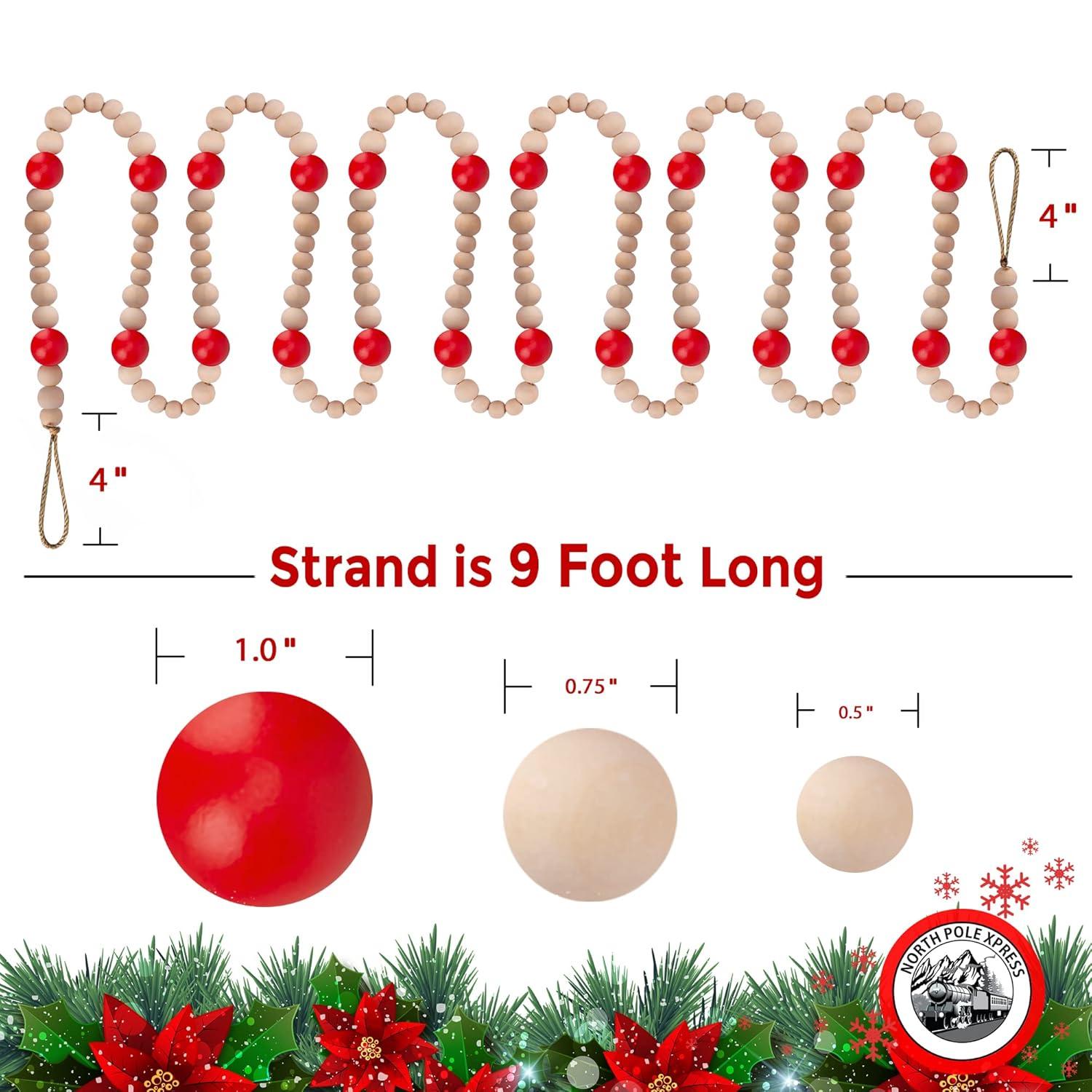 NorthPoleXpress Red & Natural Wooden Christmas Tree Garland, 9 Foot, Red & Natural Wood, Rustic Country Farmhouse Vintage, Assorted Bead Sizes