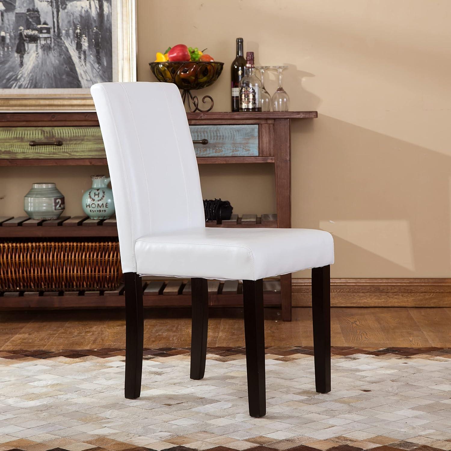 Roundhill Urban Style Solid Wood Faux Leather Parsons Chair, White, Set of 2