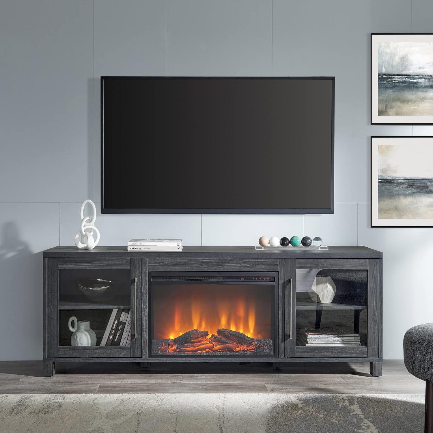Evelyn&Zoe Quincy Rectangular TV Stand with 26" Log Fireplace for TV's up to 75", White