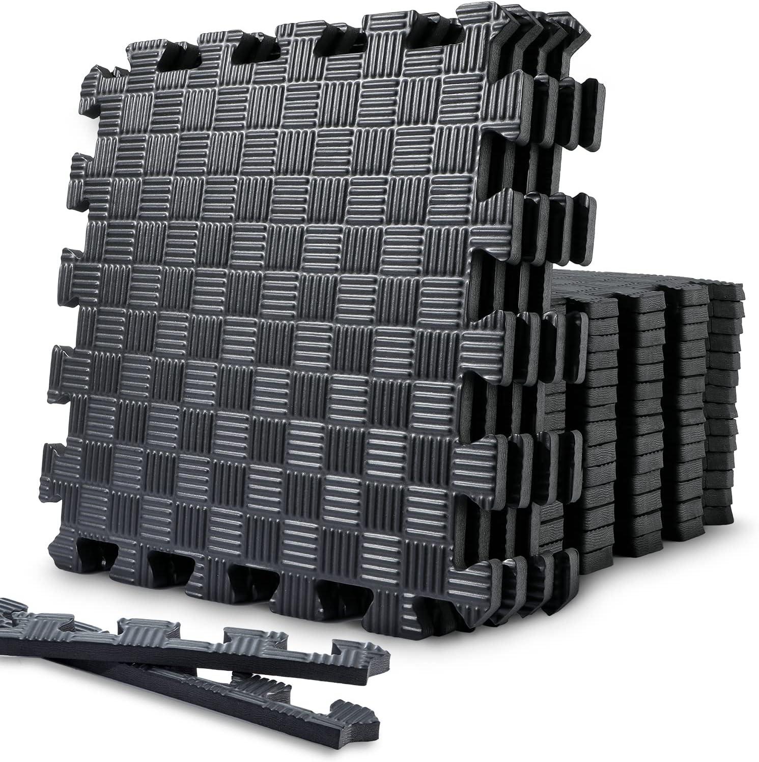 Black EVA Foam Interlocking Exercise Floor Mats, 12" x 12"