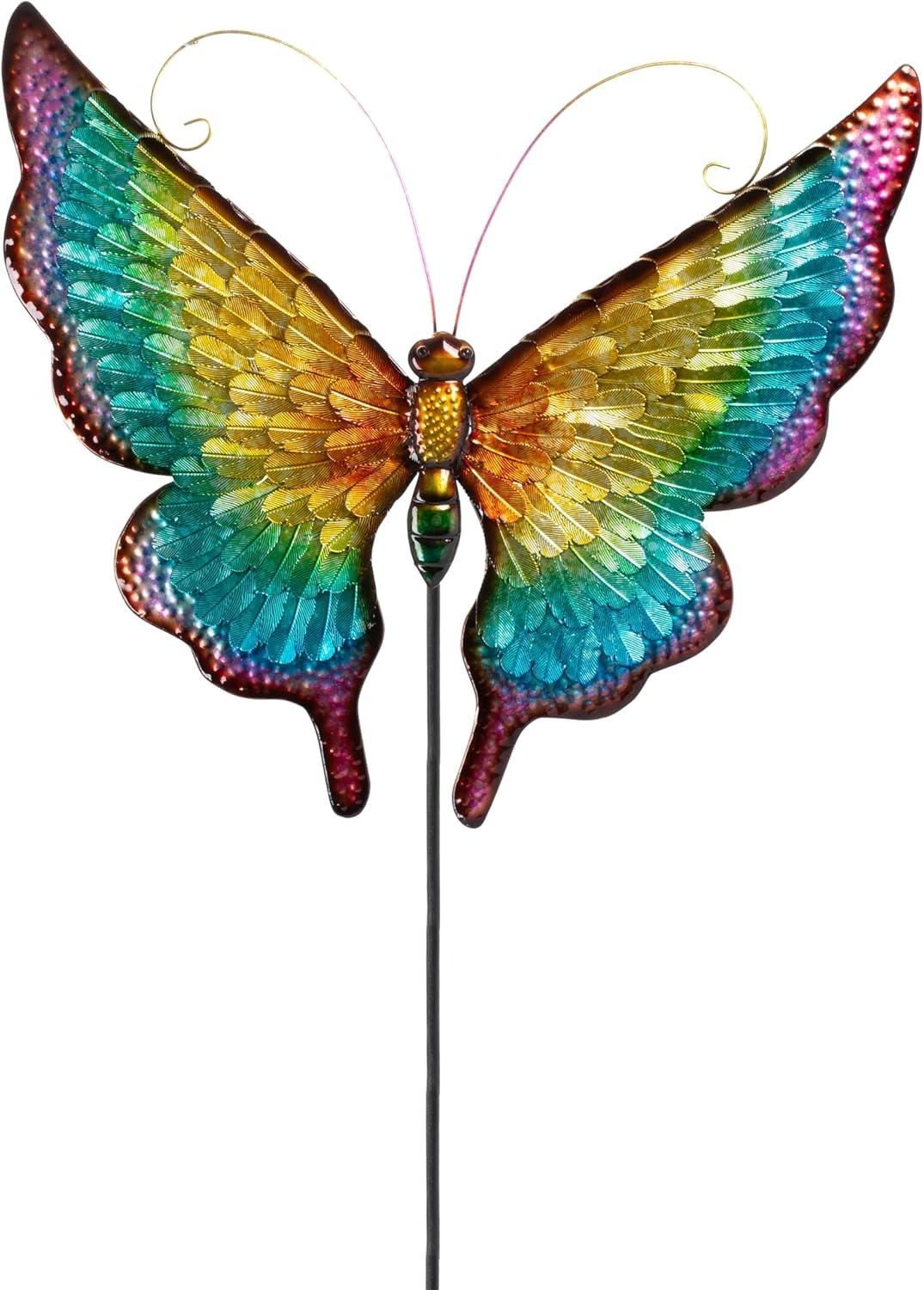 59" Iridescent Multicolor Metal Butterfly Yard Stake