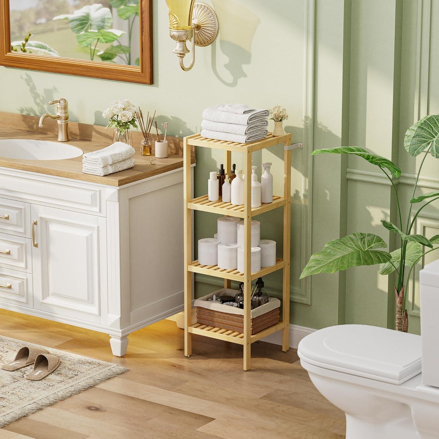 4-Tier Bamboo Bathroom Shelf, Narrow Shelving Unit, Multifunctional Storage Rack, Corner Rack, for Kitchen, Living Room, Bedroom, Entryway, Bathroom, Natural UBCB54Y