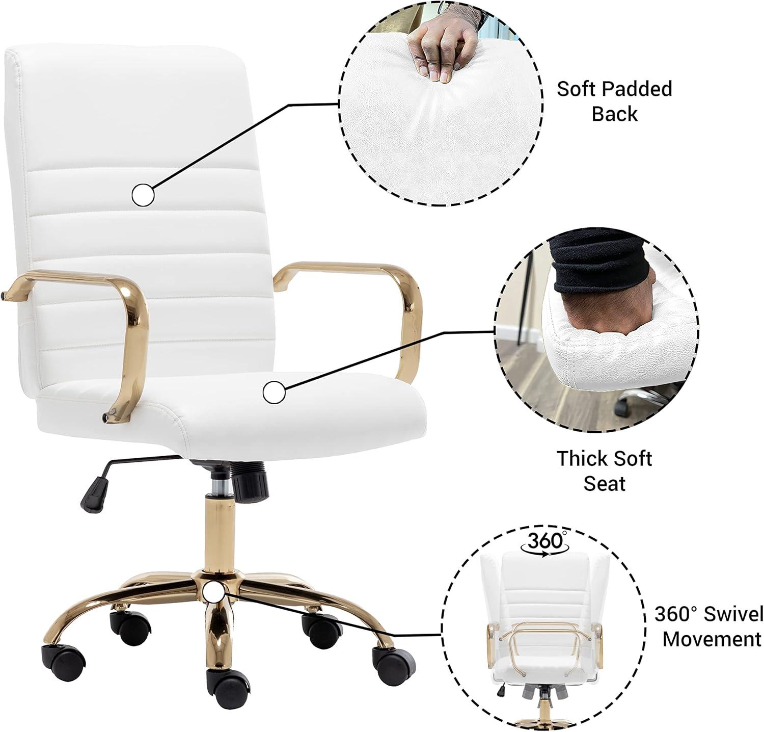 White Faux Leather Ergonomic Swivel Office Chair with Gold Metal Frame