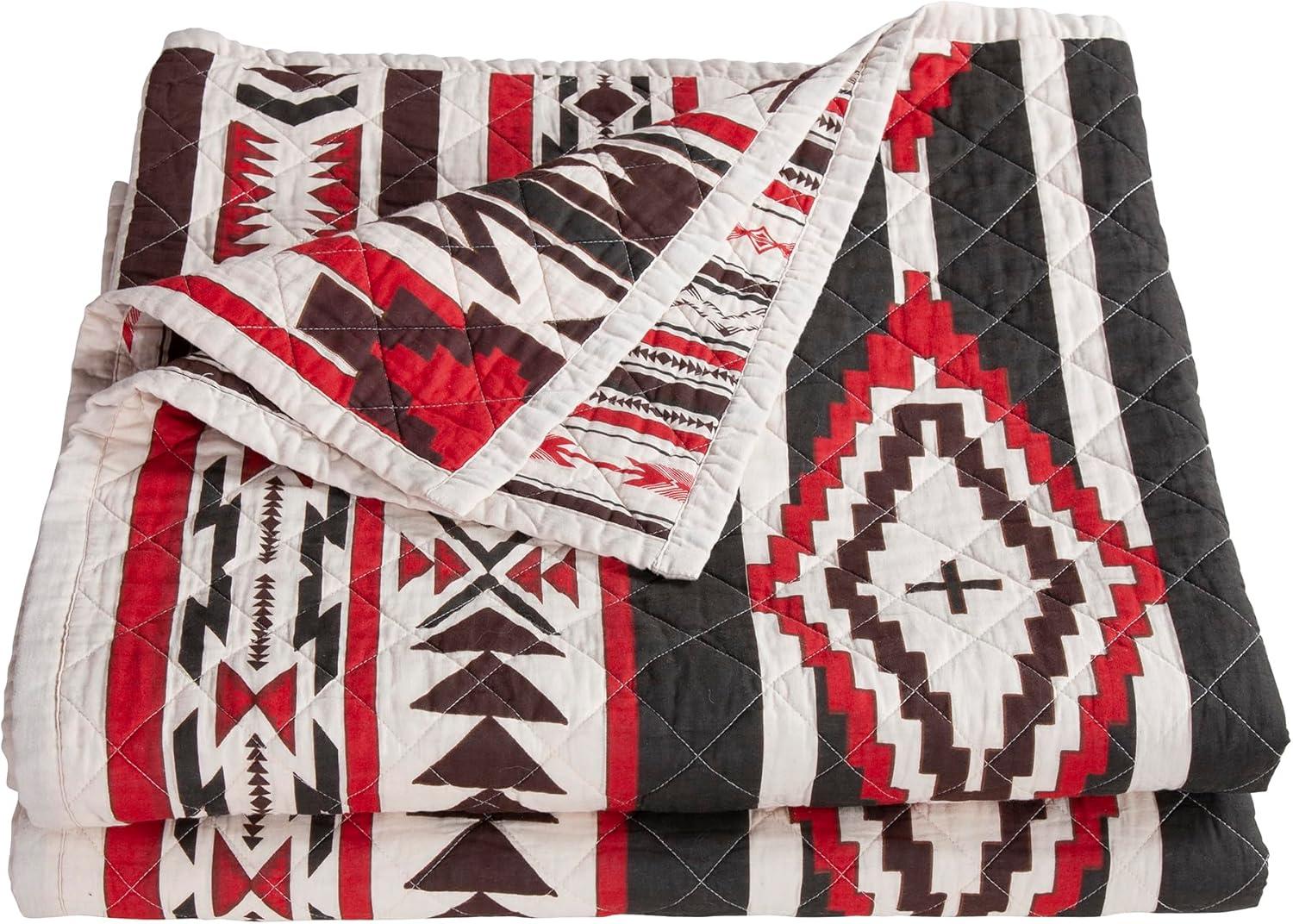 Cortez White Red Gray Brown Cotton Geometric Aztec Pattern Reversible Western Lodge Quilt Set