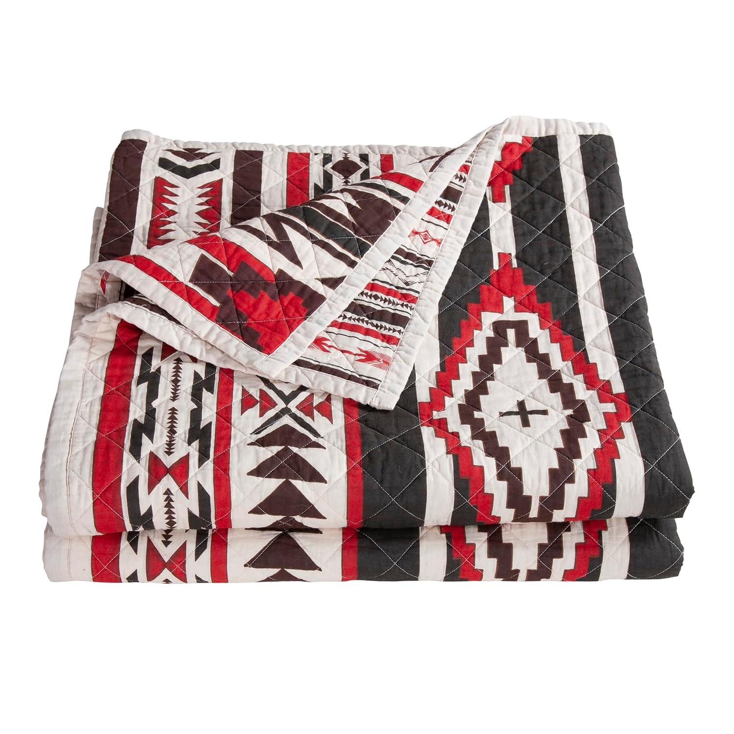 Cortez White Red Gray Brown Cotton Geometric Aztec Pattern Reversible Western Lodge Quilt Set