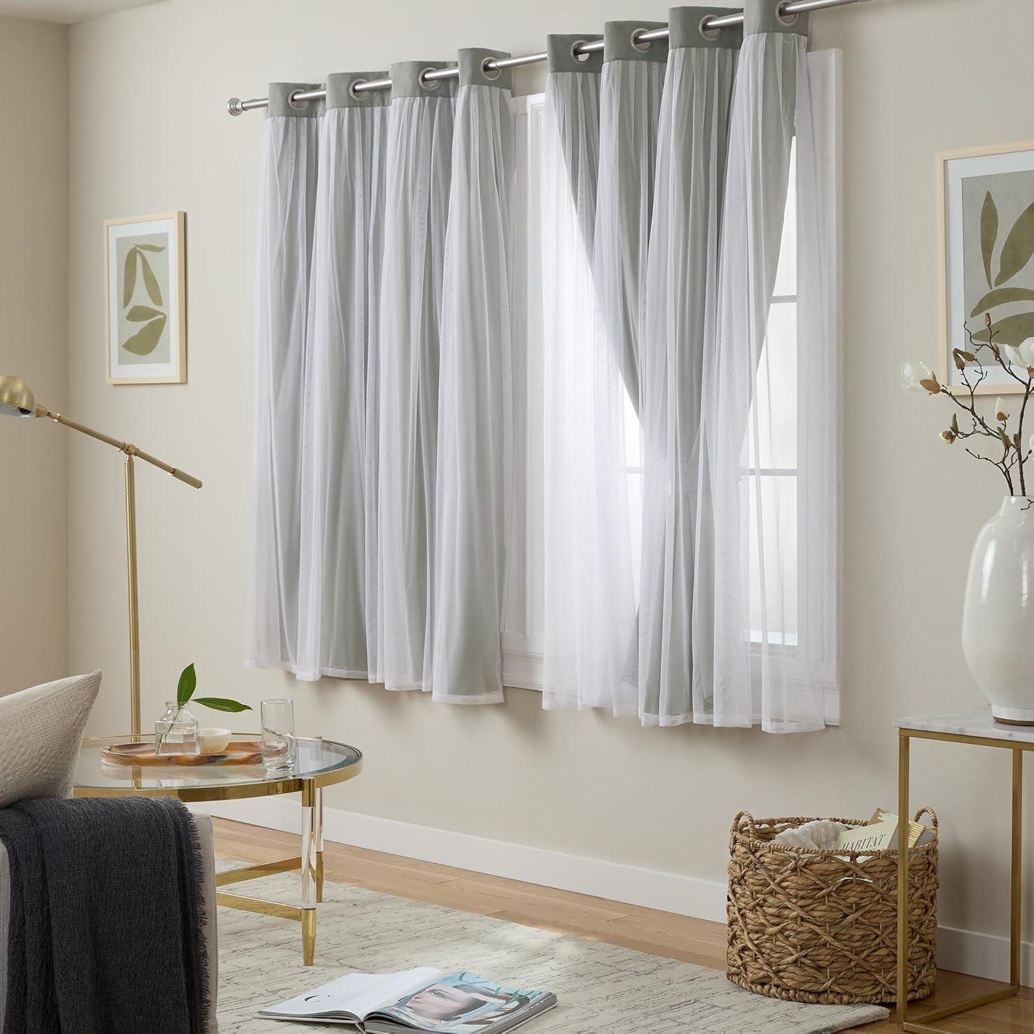 Exclusive Home Catarina Layered Solid Room Darkening Blackout and Sheer Grommet Top Curtain Panel Pair, 52"x63", Soft Grey